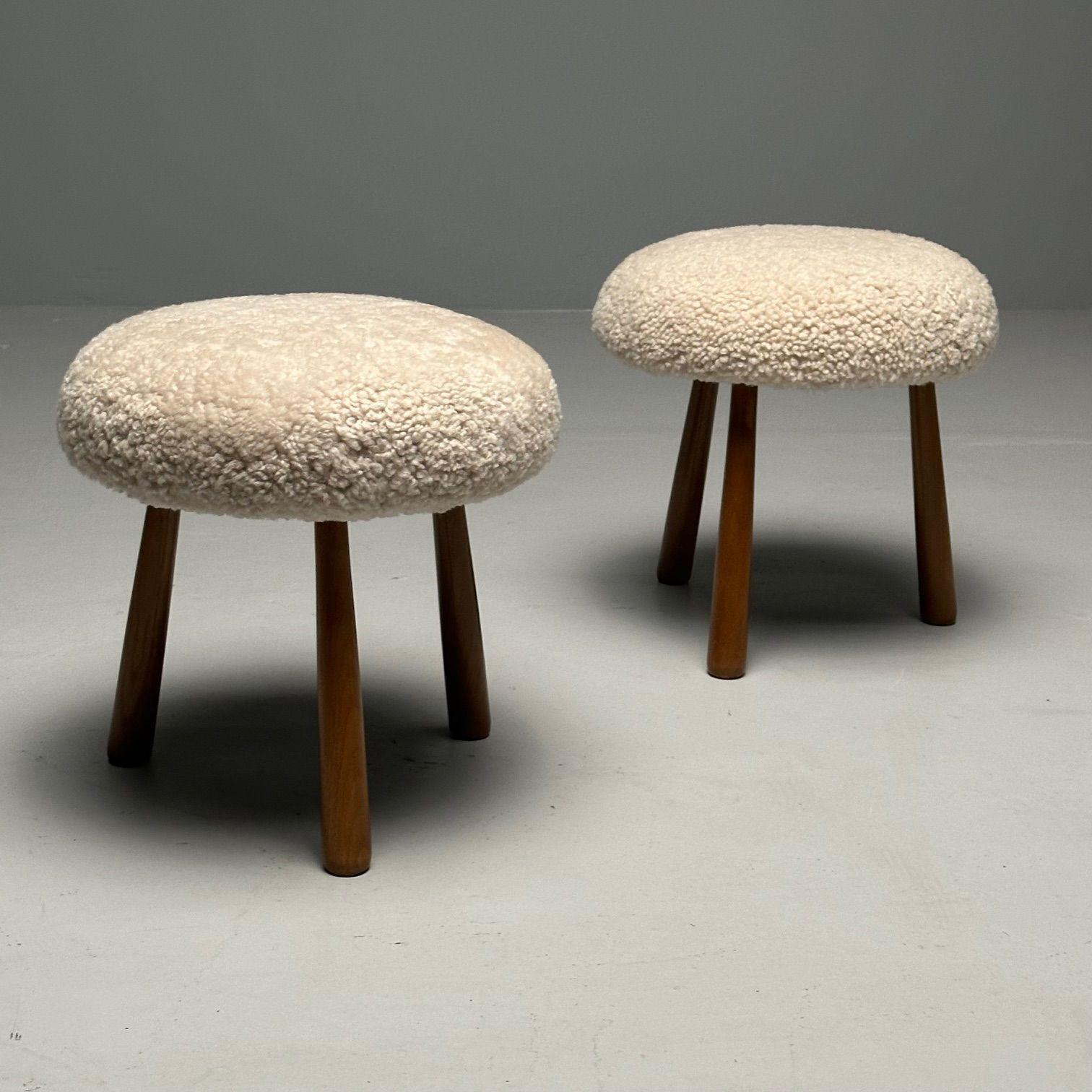 Pair Contemporary Sheepskin Stools / Ottomans, Swedish Modern Style, Shearling For Sale 7