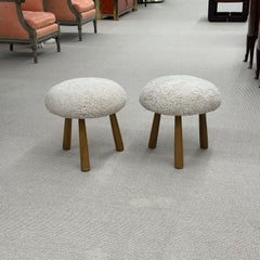 Pair Contemporary Sheepskin Stools / Ottomans, Swedish Modern Style, Shearling