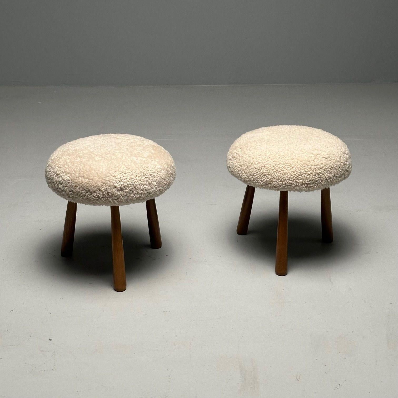 Mid-Century Modern Pair Contemporary Sheepskin Stools / Ottomans, Swedish Modern Style, Shearling For Sale