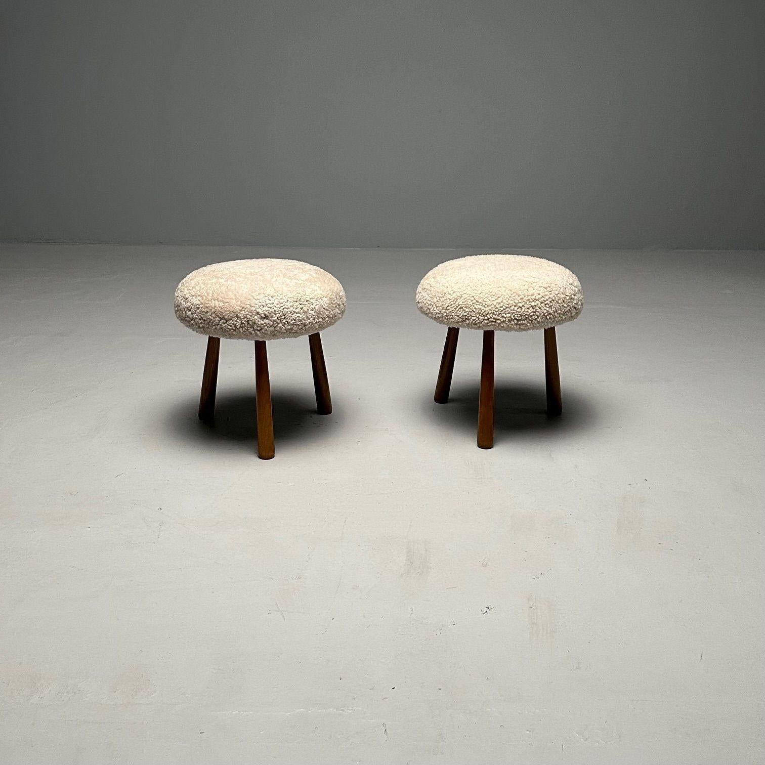 American Pair Contemporary Sheepskin Stools / Ottomans, Swedish Modern Style, Shearling For Sale