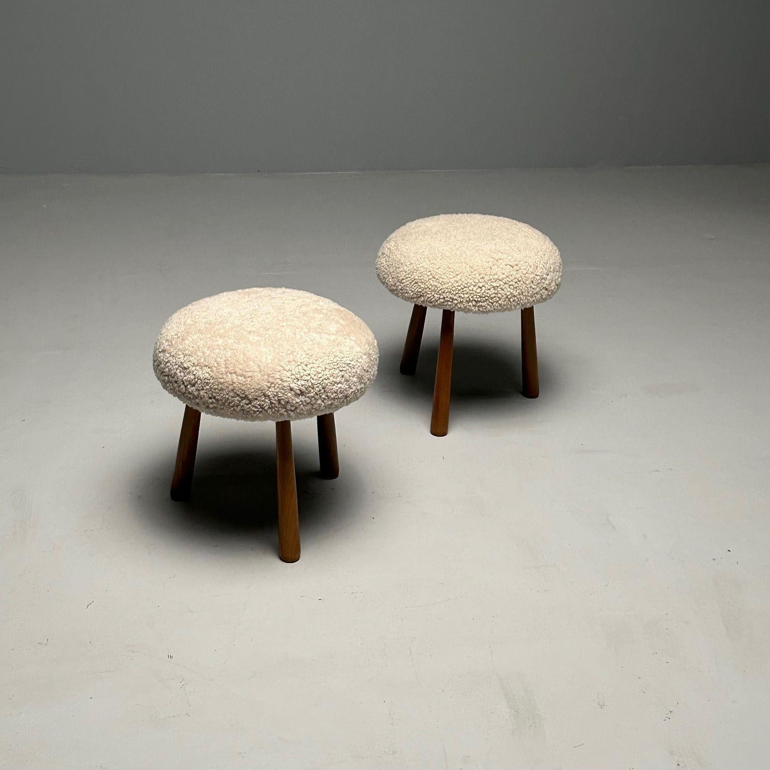 Pair Contemporary Sheepskin Stools / Ottomans, Swedish Modern Style, Shearling In Good Condition For Sale In Stamford, CT