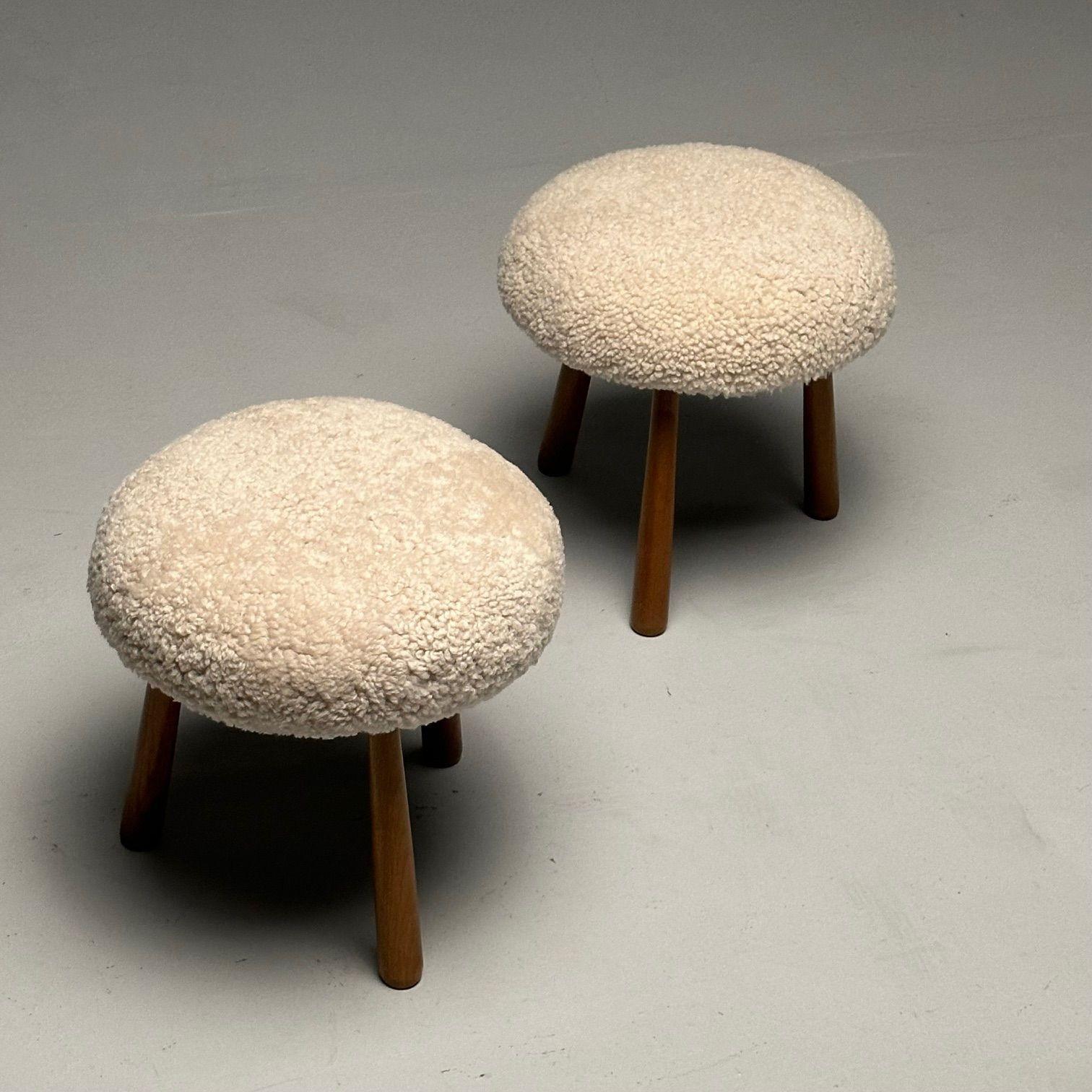 Pair Contemporary Sheepskin Stools / Ottomans, Swedish Modern Style, Shearling For Sale 1