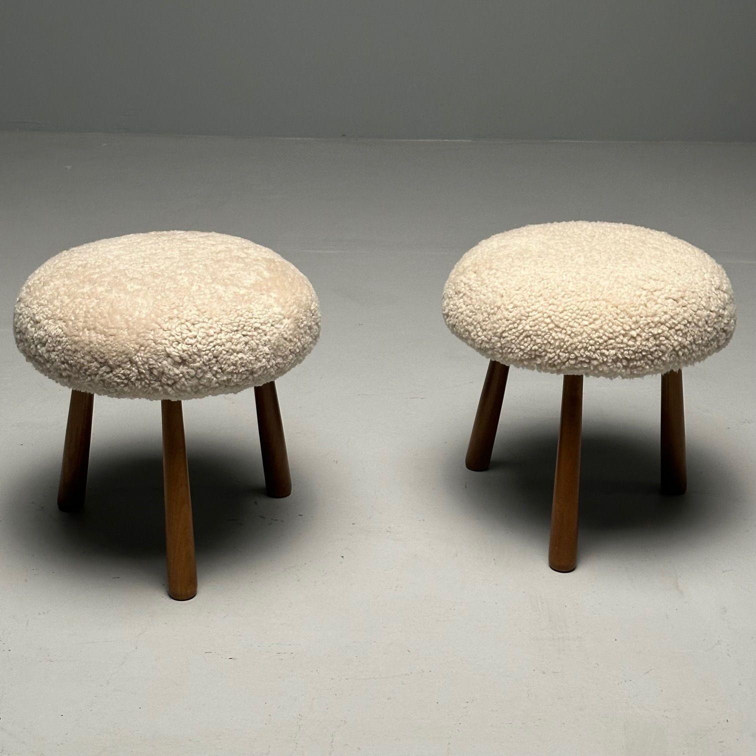 Pair Contemporary Sheepskin Stools / Ottomans, Swedish Modern Style, Shearling For Sale 2