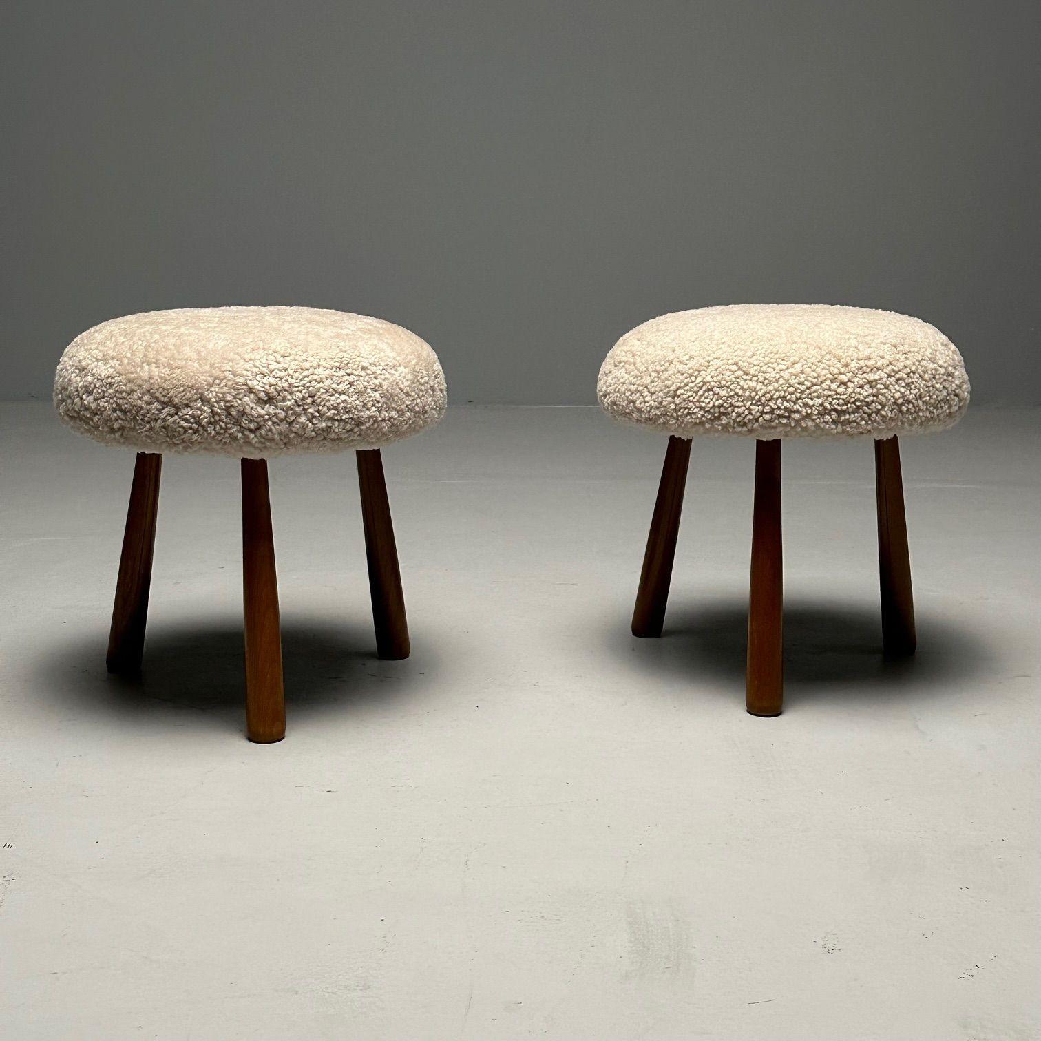 Pair Contemporary Sheepskin Stools / Ottomans, Swedish Modern Style, Shearling For Sale 3