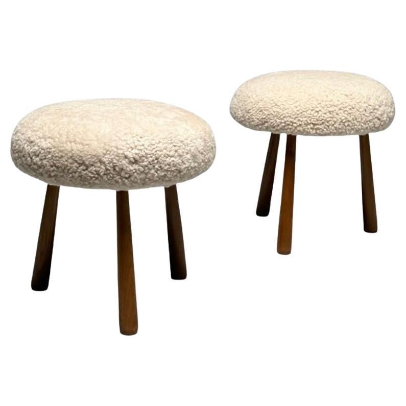 Pair Contemporary Sheepskin Stools / Ottomans, Swedish Modern Style, Shearling For Sale
