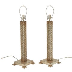 Pair Contemporary Silvered Geometric Column Lamps