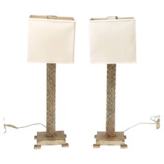 Pair Contemporary Silvered Geometric Column Lamps