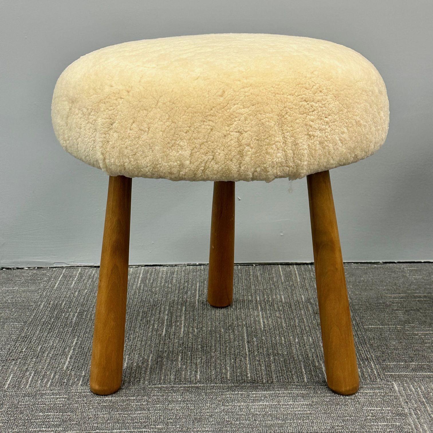 Mid-Century Modern Pair Contemporary Swedish Modern Style Sheepskin Footstools / Ottomans, Beige For Sale