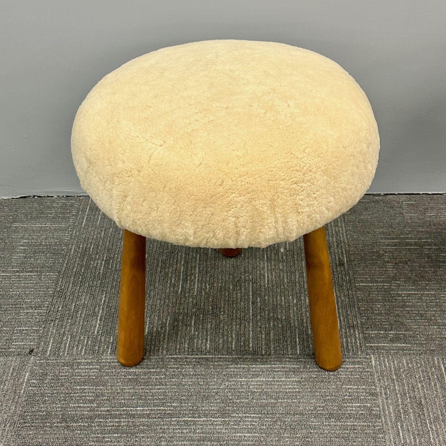 American Pair Contemporary Swedish Modern Style Sheepskin Footstools / Ottomans, Beige For Sale
