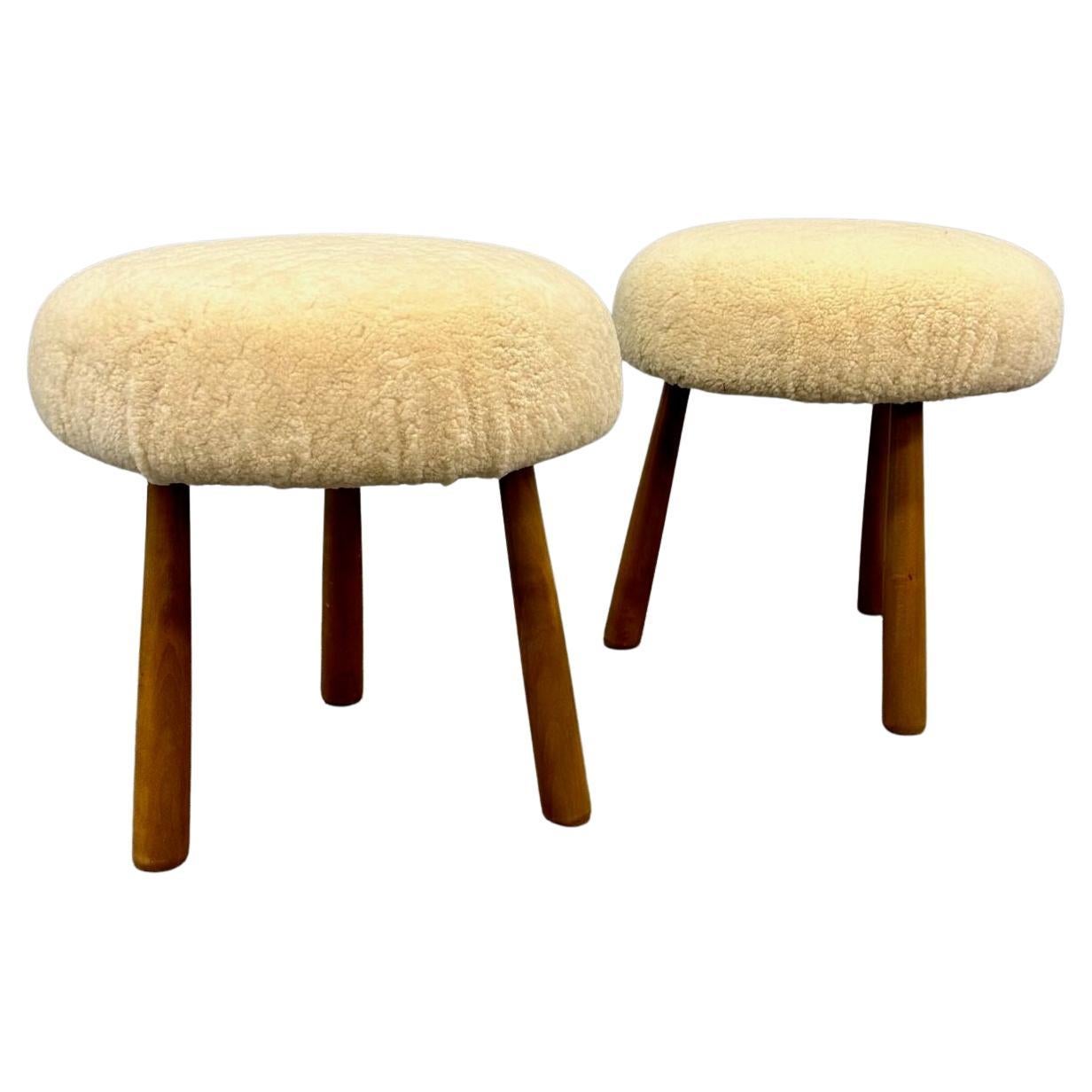 Pair Contemporary Swedish Modern Style Sheepskin Footstools / Ottomans, Beige For Sale