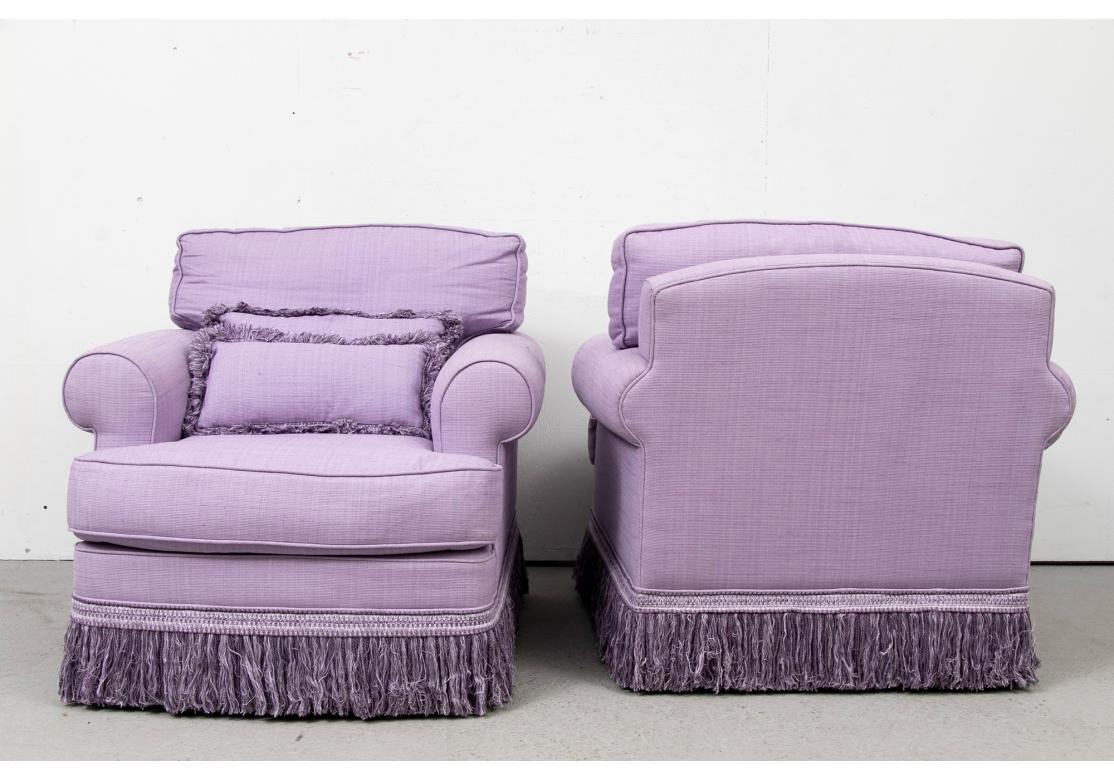 Fabric Pair Contemporary Swivel Club Chairs in a Violet Upholstery For Sale
