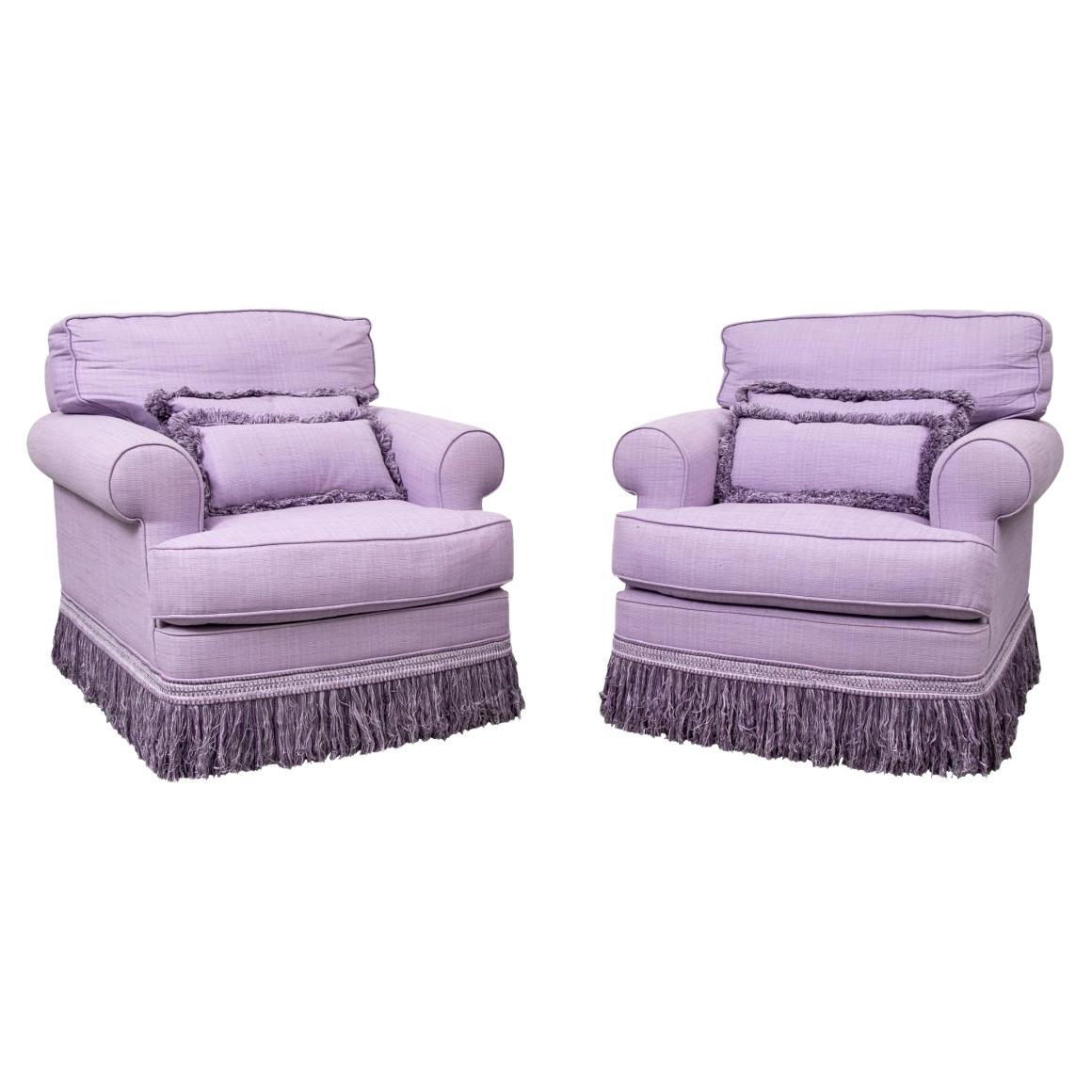 Pair Contemporary Swivel Club Chairs in a Violet Upholstery For Sale