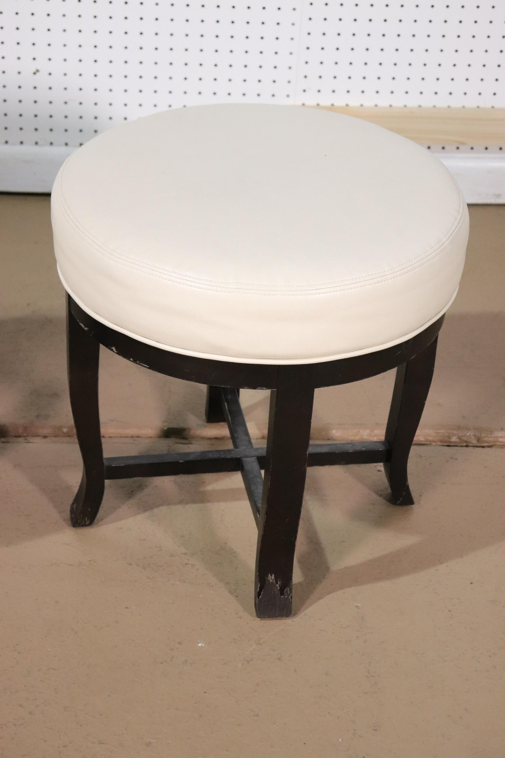 Mid-Century Modern Pair Contemporary White Leather and Ebonized Round Stools