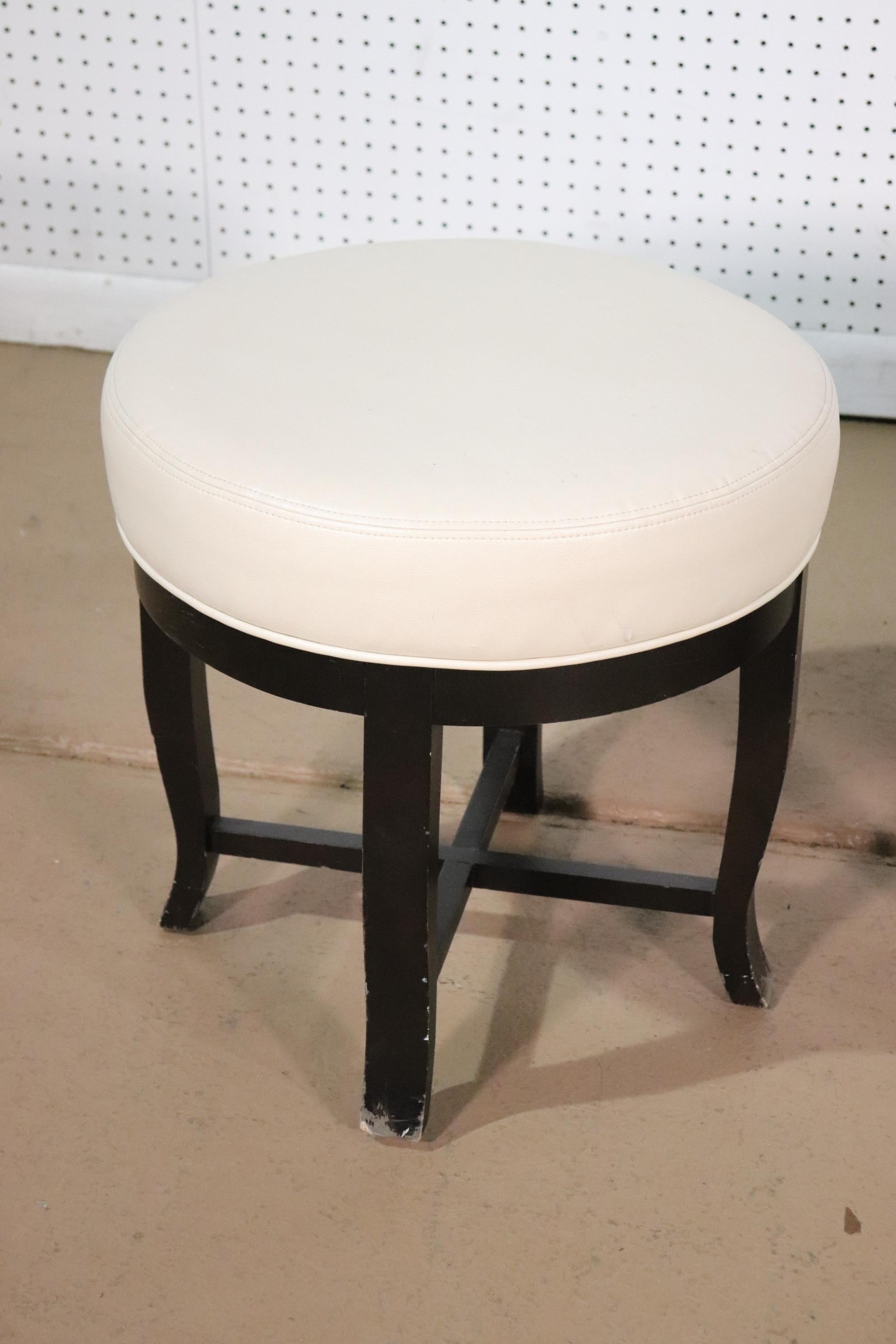 American Pair Contemporary White Leather and Ebonized Round Stools