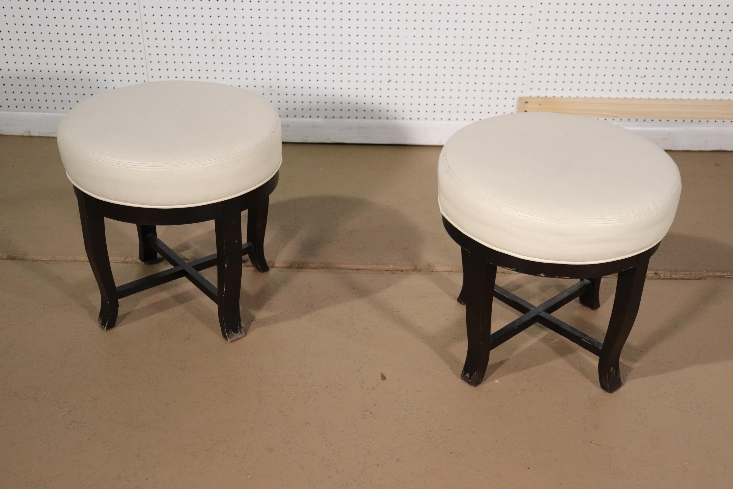 Pair Contemporary White Leather and Ebonized Round Stools 2