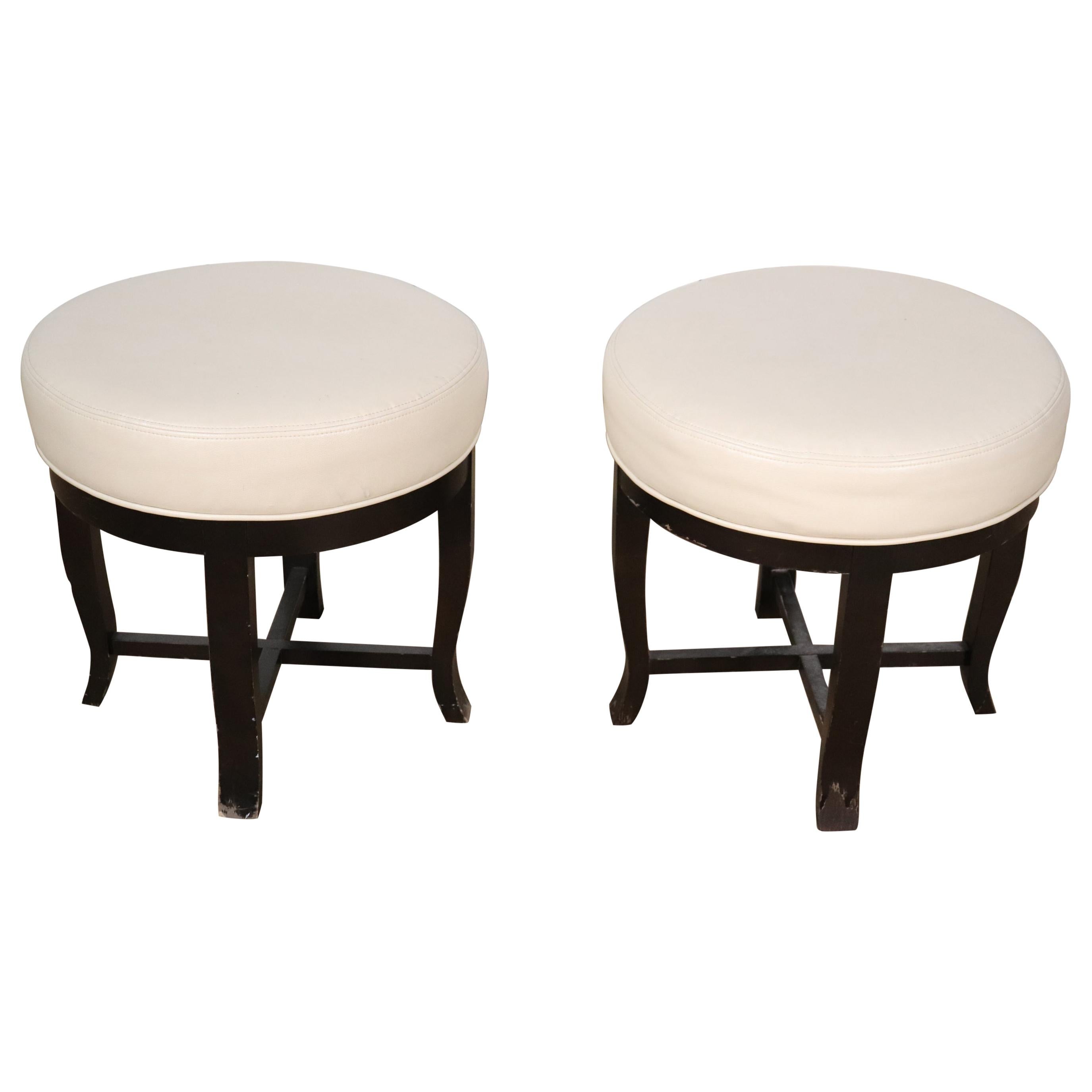 Pair Contemporary White Leather and Ebonized Round Stools