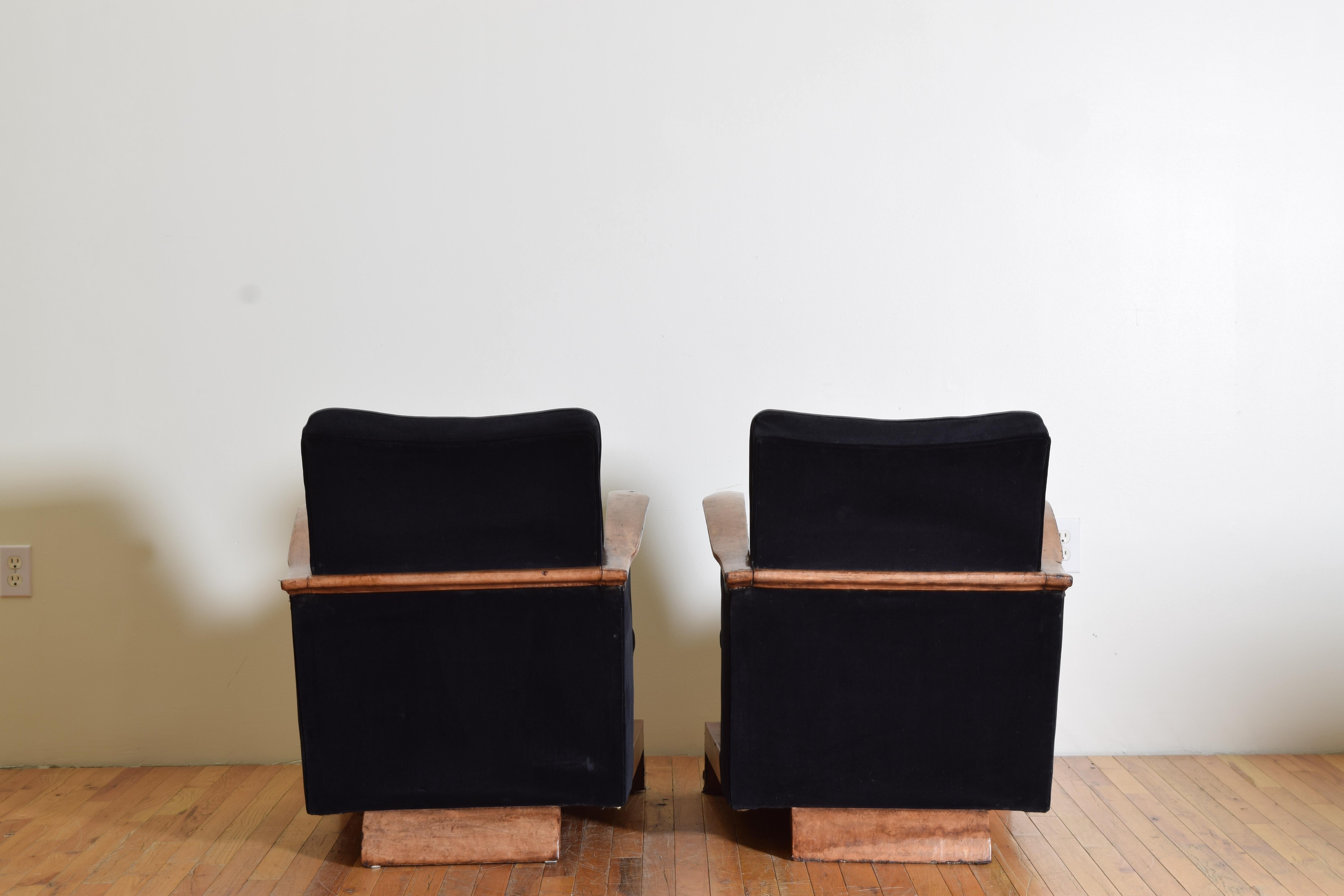 Mid-20th Century Pair Continental, 2nd Quarter 20th Cen. Leather & Velvet Upholstered Armchairs For Sale