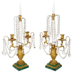 Pair of Continental Cut Glass and Malachite Candelabra, 19th Century