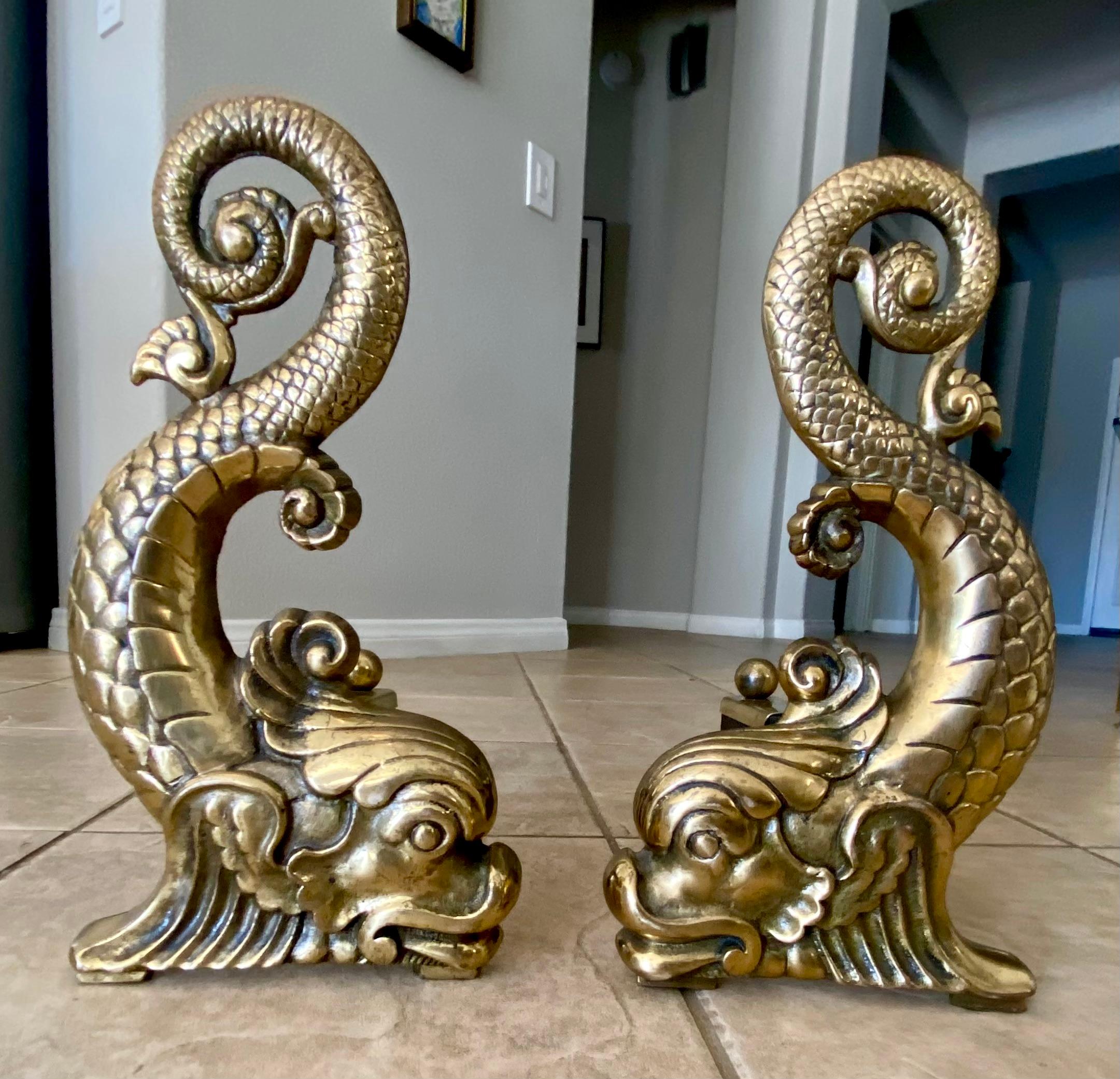 Pair Continental Dolphin Brass Andirons Chenets 5