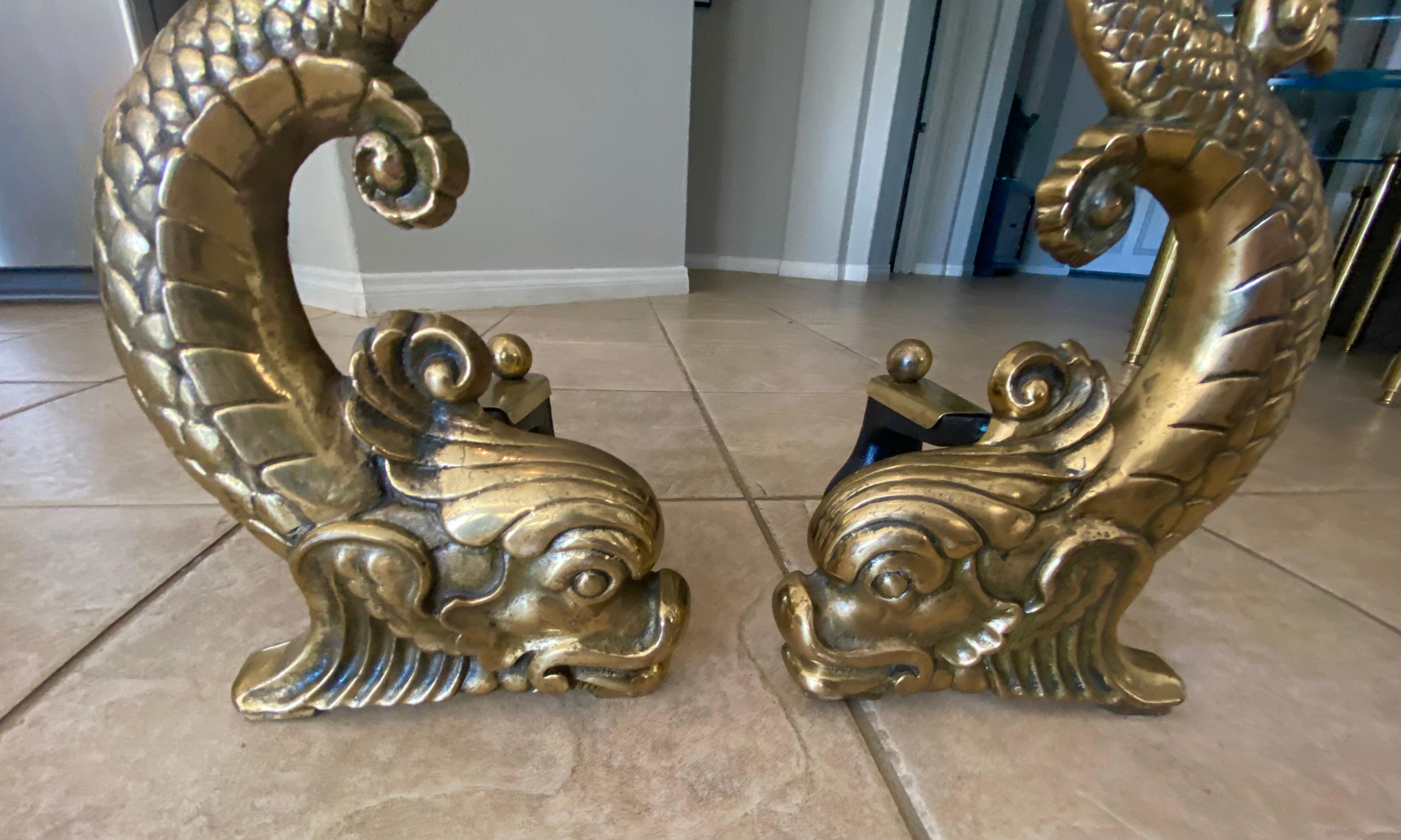 Pair Continental Dolphin Brass Andirons Chenets 6