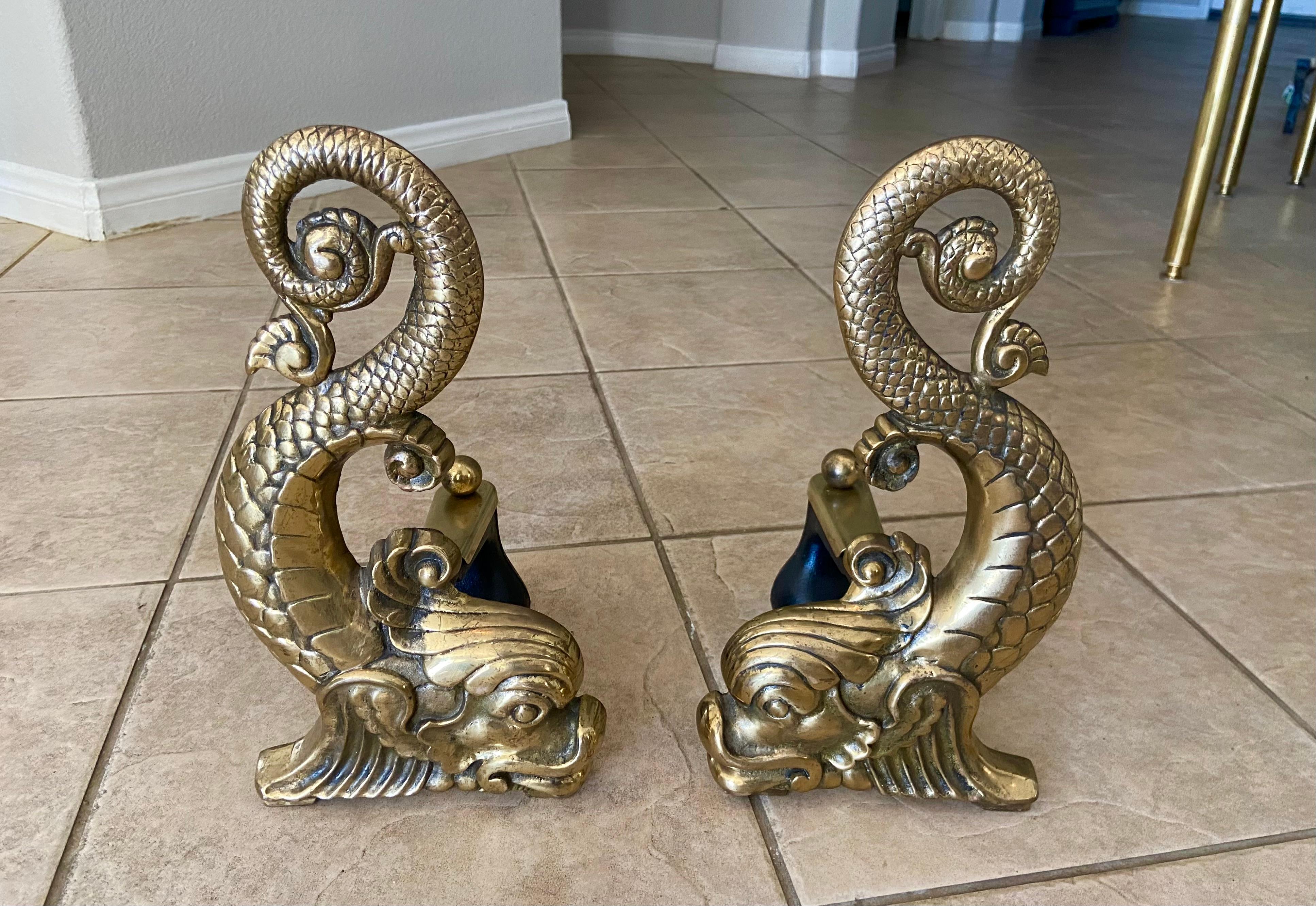 Pair Continental Dolphin Brass Andirons Chenets 7