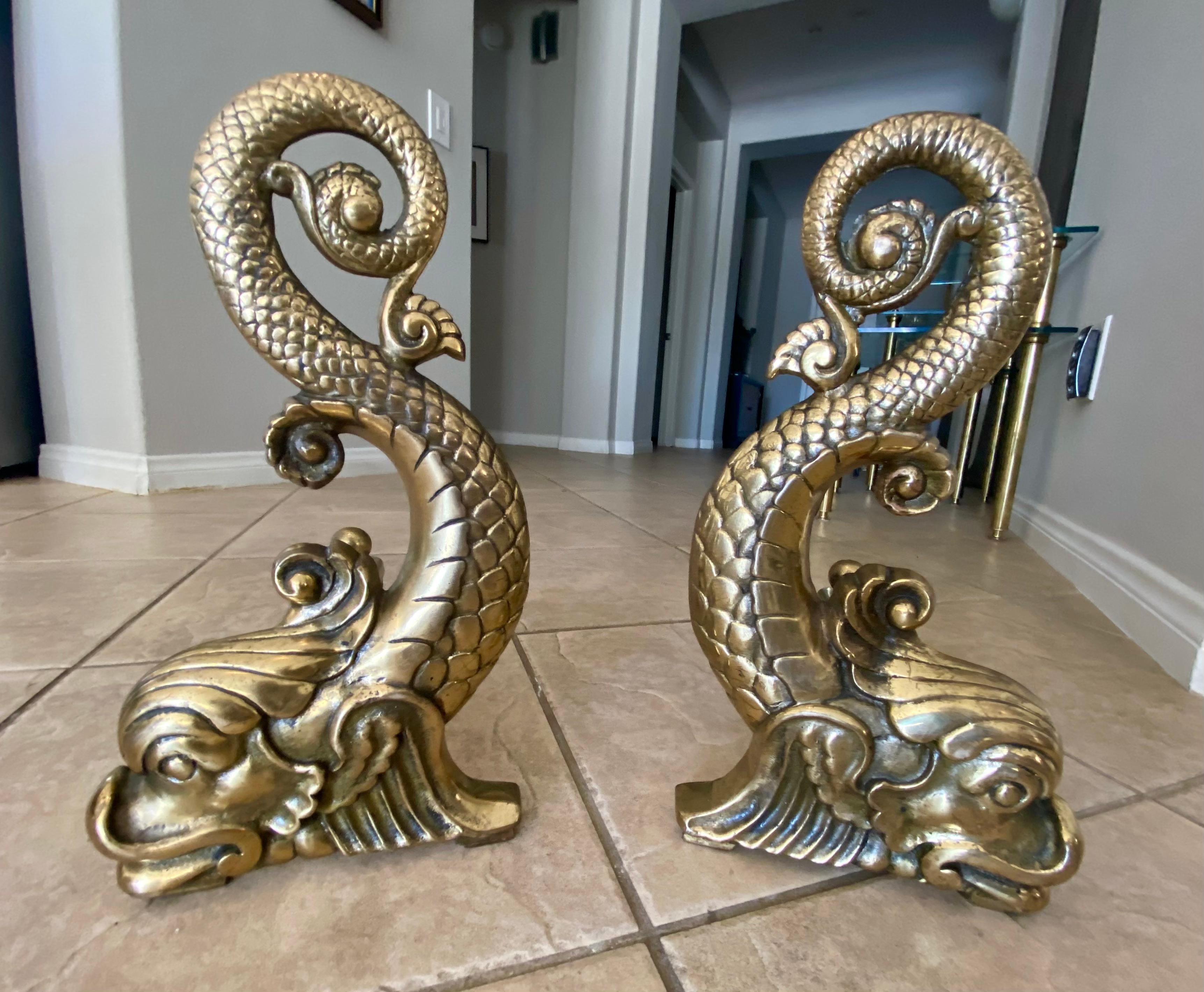 Pair Continental Dolphin Brass Andirons Chenets 8