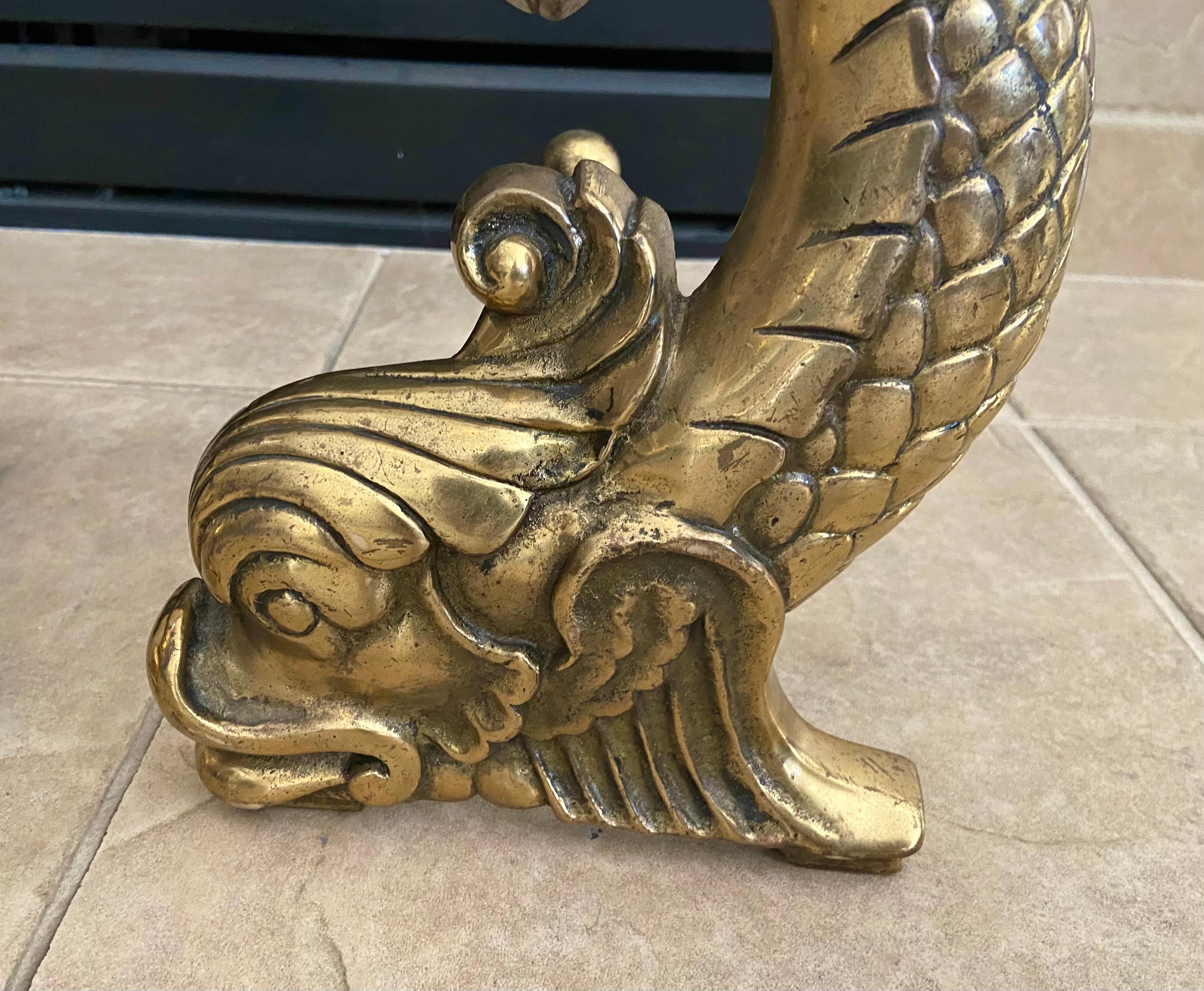 Pair Continental Dolphin Brass Andirons Chenets In Good Condition In Palm Springs, CA