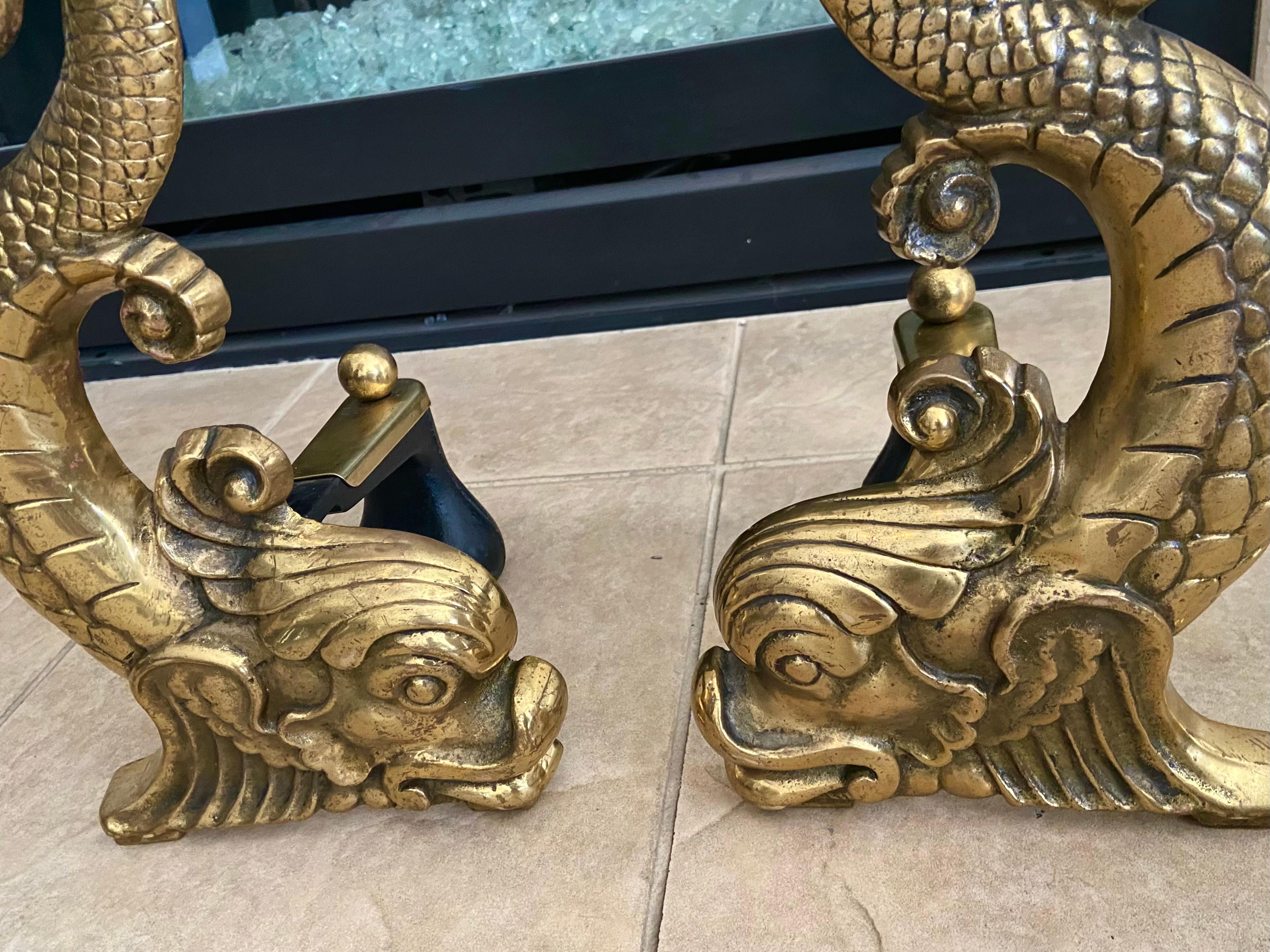 Pair Continental Dolphin Brass Andirons Chenets 1