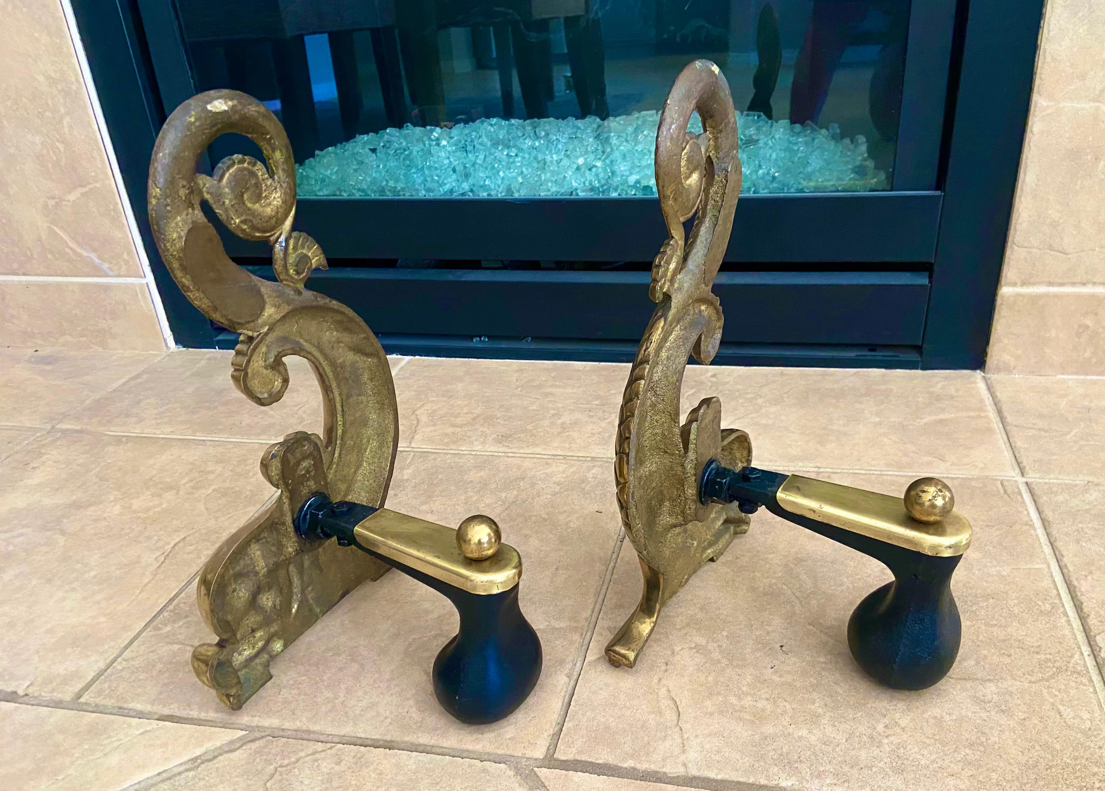 Pair Continental Dolphin Brass Andirons Chenets 2
