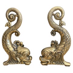Pair Continental Dolphin Brass Andirons Chenets