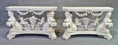 Continental Figural Rococo Cherub Putti Maiden Carved Base Console Tables, Pair