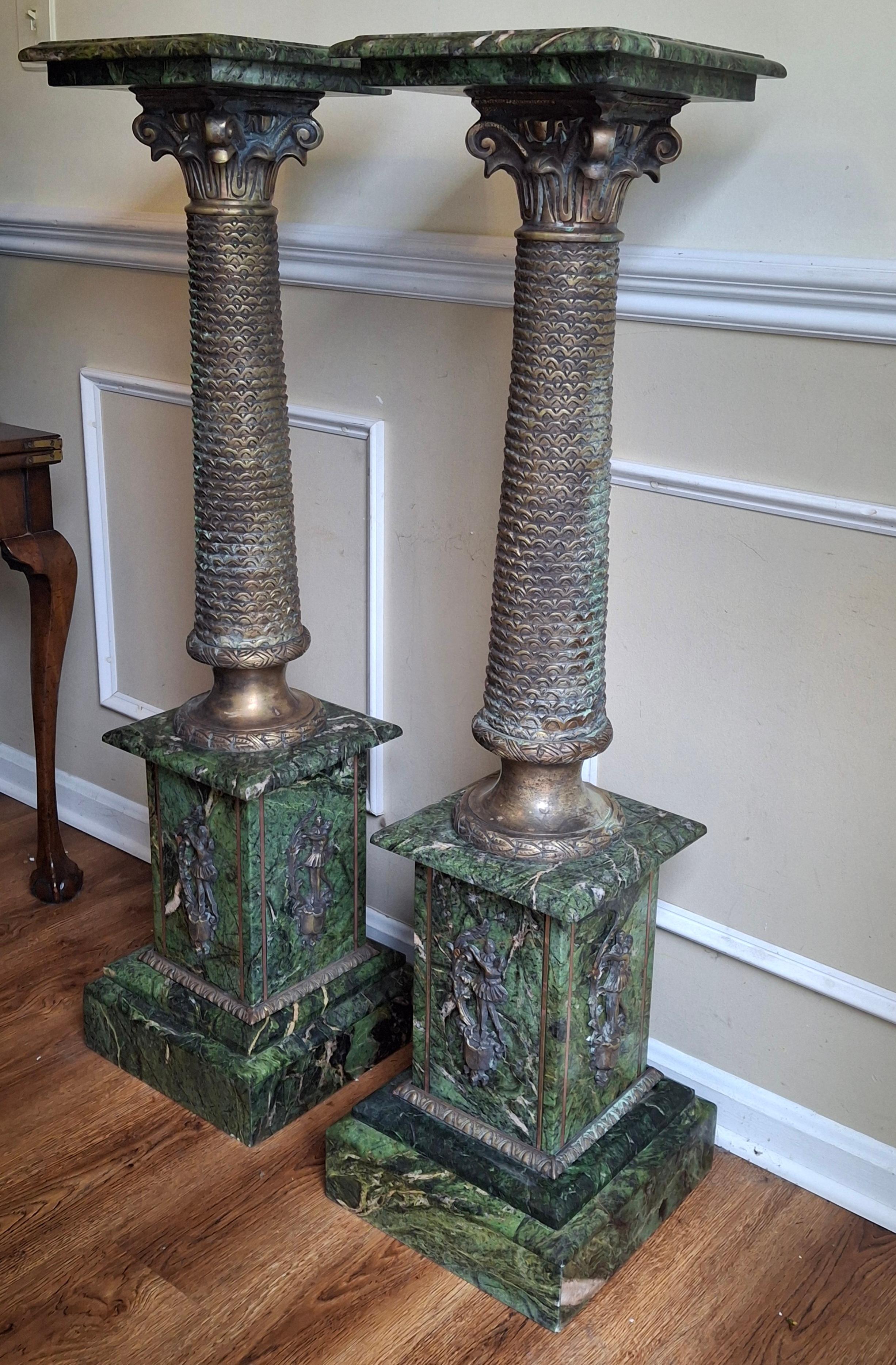 Pair Continental Gilt Bronze and Variegated Green Marble Corinthian Pedestals For Sale 7