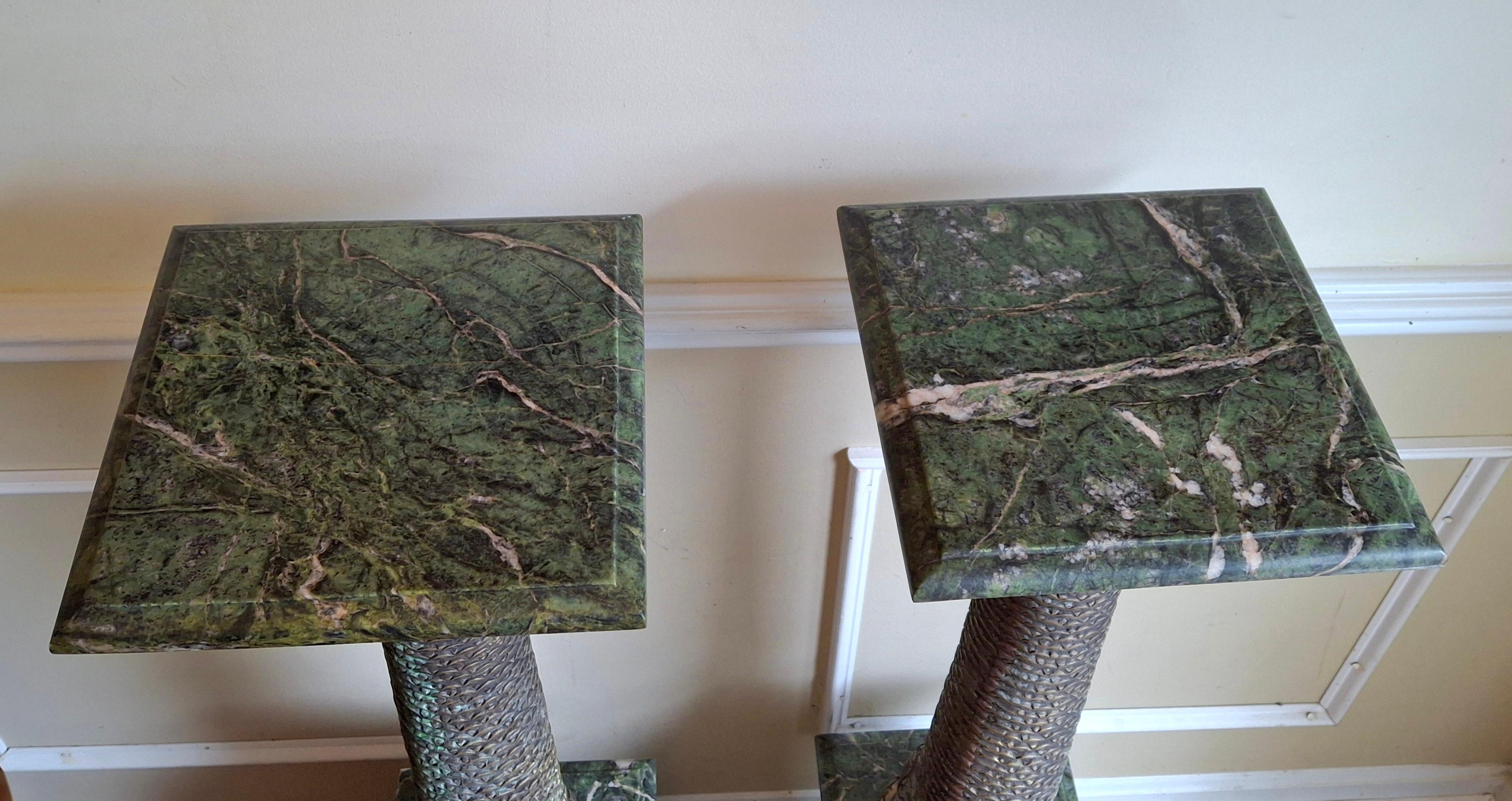 Pair Continental Gilt Bronze and Variegated Green Marble Corinthian Pedestals For Sale 8