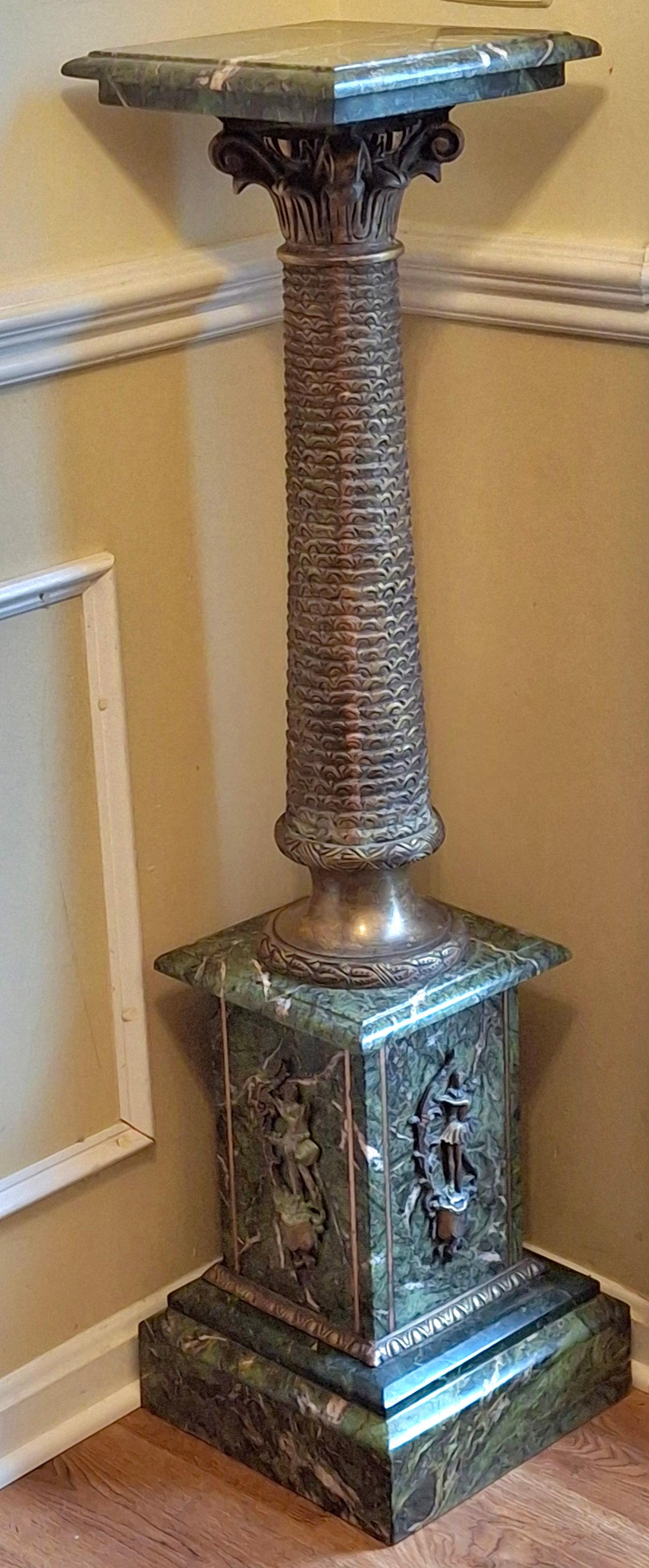 Pair Continental Gilt Bronze and Variegated Green Marble Corinthian Pedestals For Sale 10