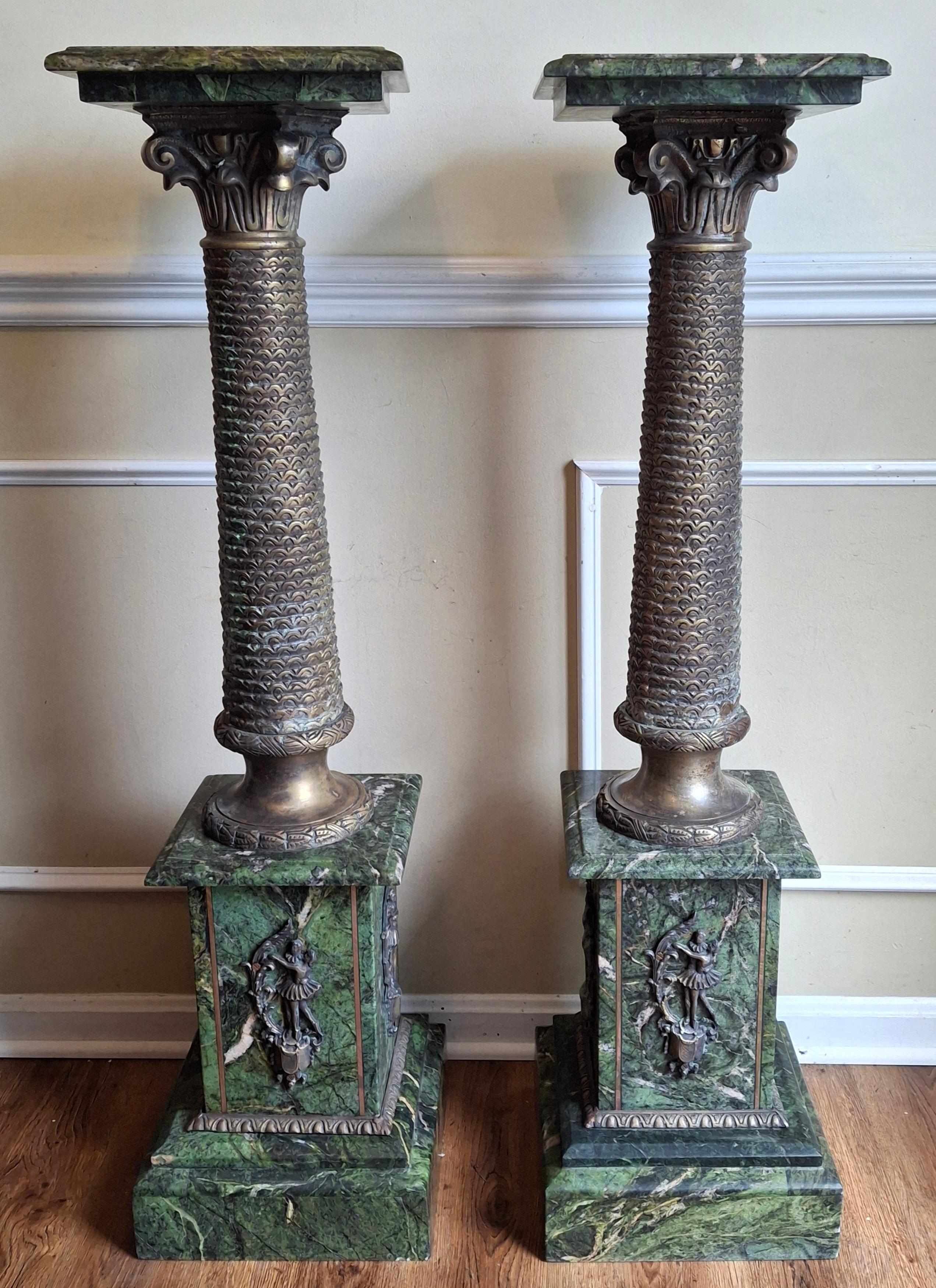 19th Century Pair Continental Gilt Bronze and Variegated Green Marble Corinthian Pedestals For Sale