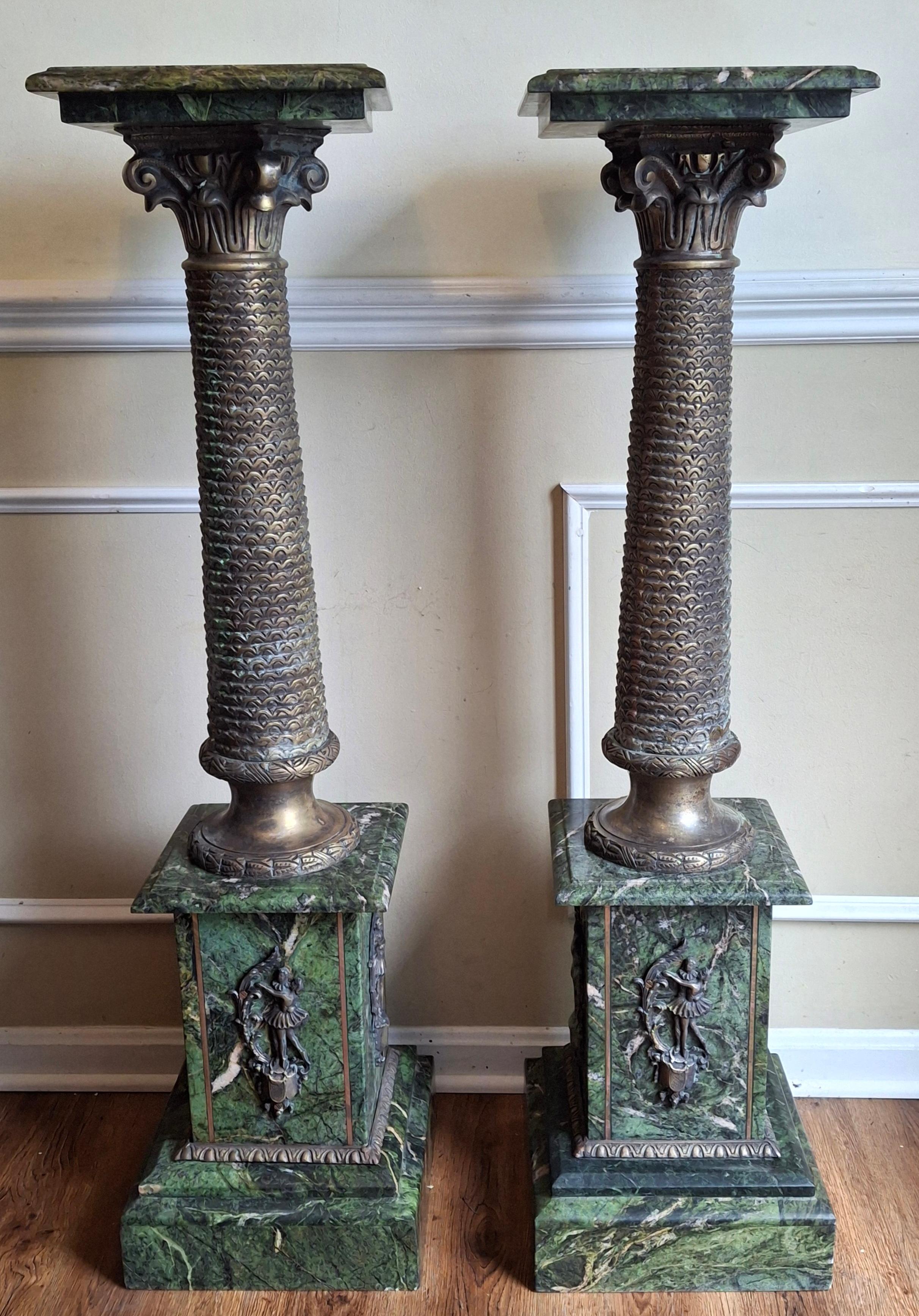 Metal Pair Continental Gilt Bronze and Variegated Green Marble Corinthian Pedestals For Sale