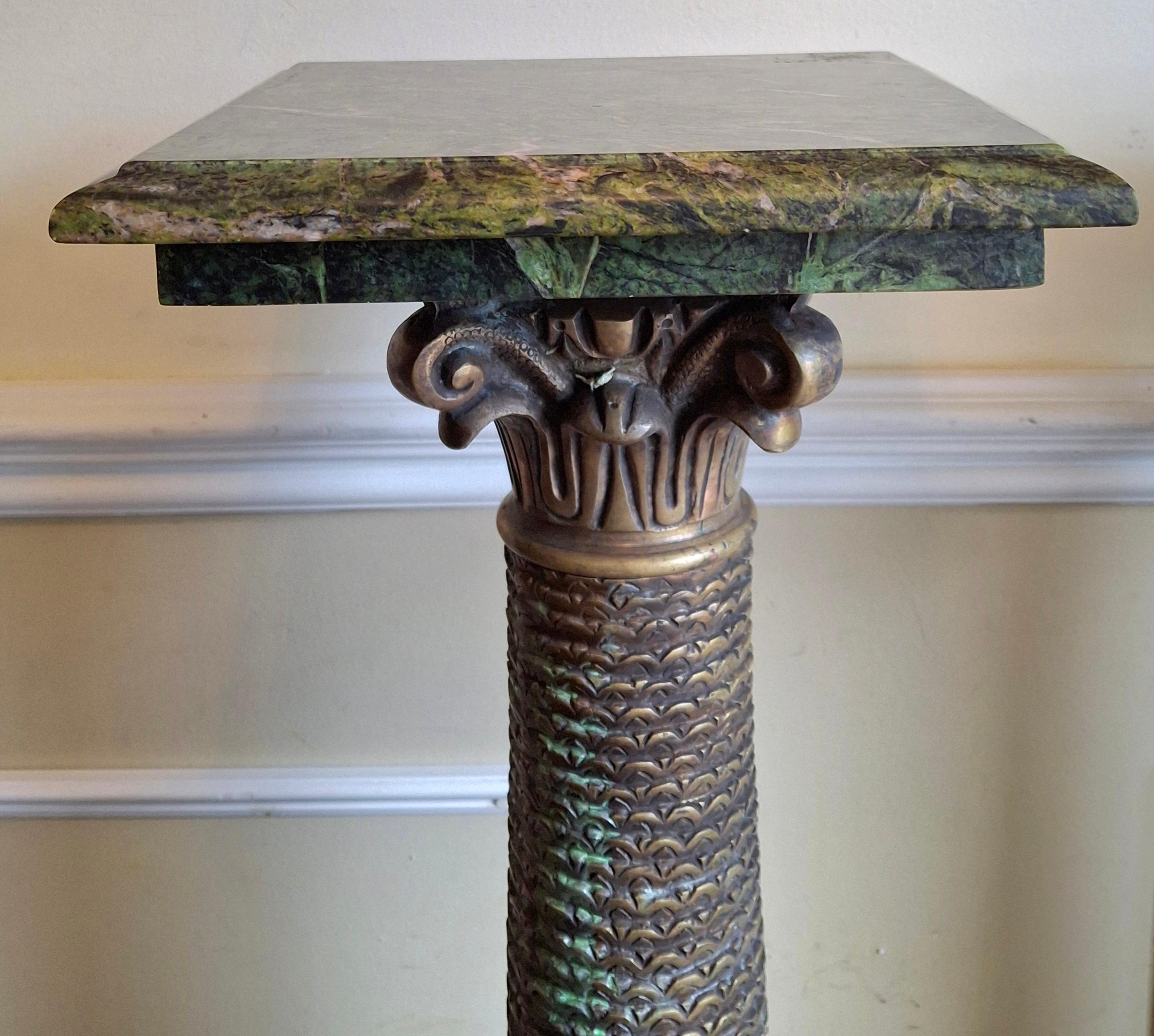 Pair Continental Gilt Bronze and Variegated Green Marble Corinthian Pedestals For Sale 1