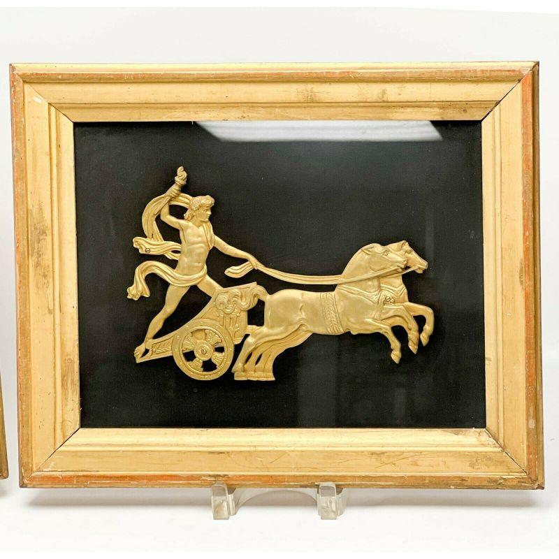 Pair Continental Gilt Bronze Roman Reliefs of Charioteers Framed c. 1900 In Good Condition For Sale In Gardena, CA