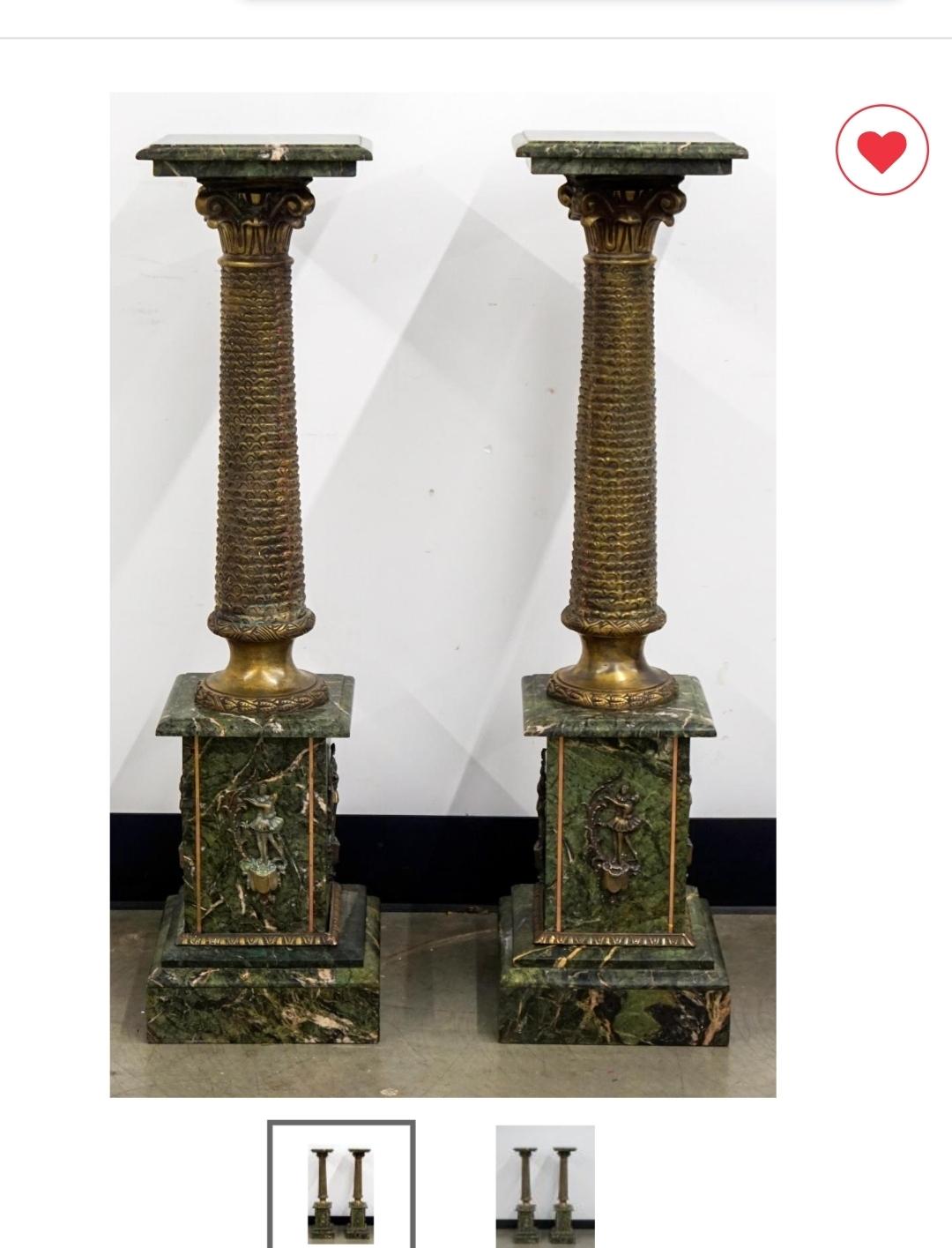 Renaissance Pair Continental Gilt Bronze and Variegated Green Marble Corinthian Pedestals For Sale