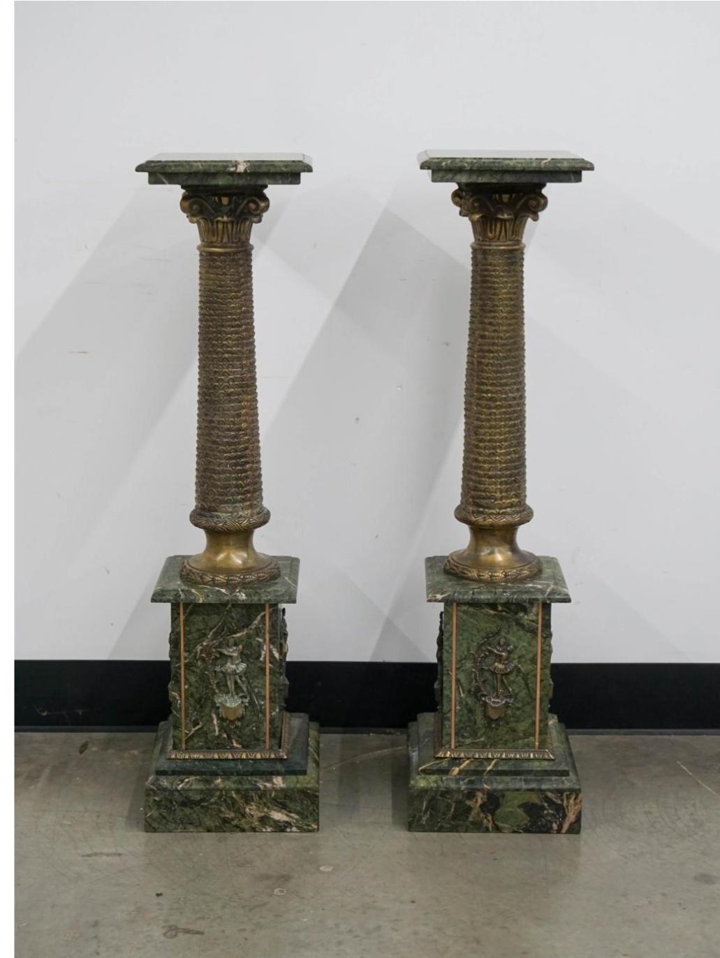 American Pair Continental Gilt Bronze and Variegated Green Marble Corinthian Pedestals For Sale