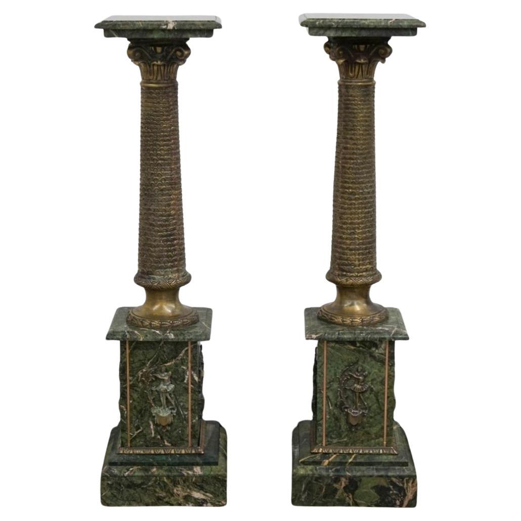 Pair Continental Gilt Bronze and Variegated Green Marble Corinthian Pedestals