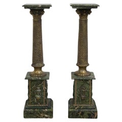 Pair Continental Gilt Bronze and Variegated Green Marble Corinthian Pedestals
