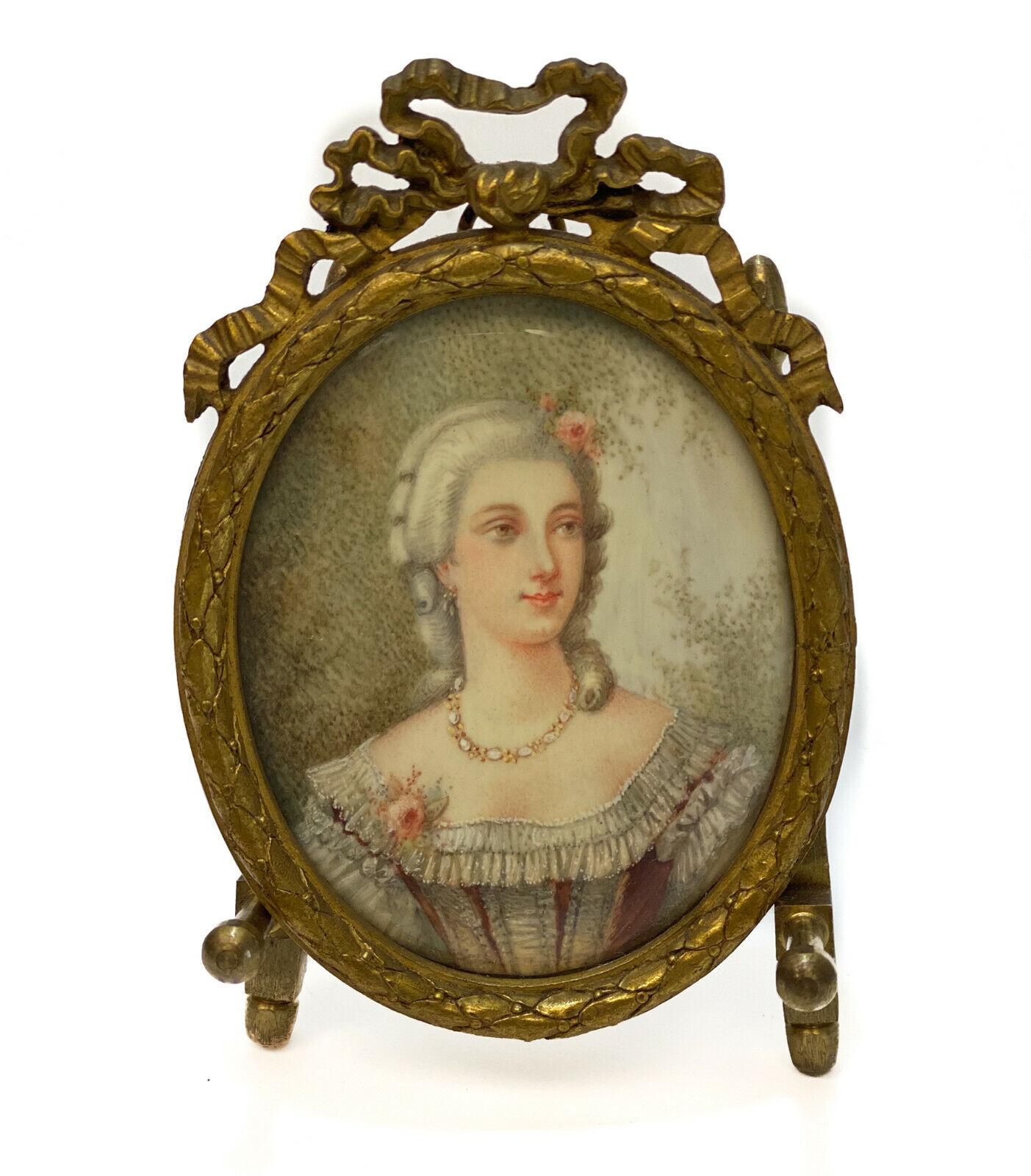 European Pair Continental Gouache Miniature Portrait of a Beauties, 19th Century