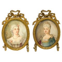 Pair Continental Gouache Miniature Portrait of a Beauties, 19th Century