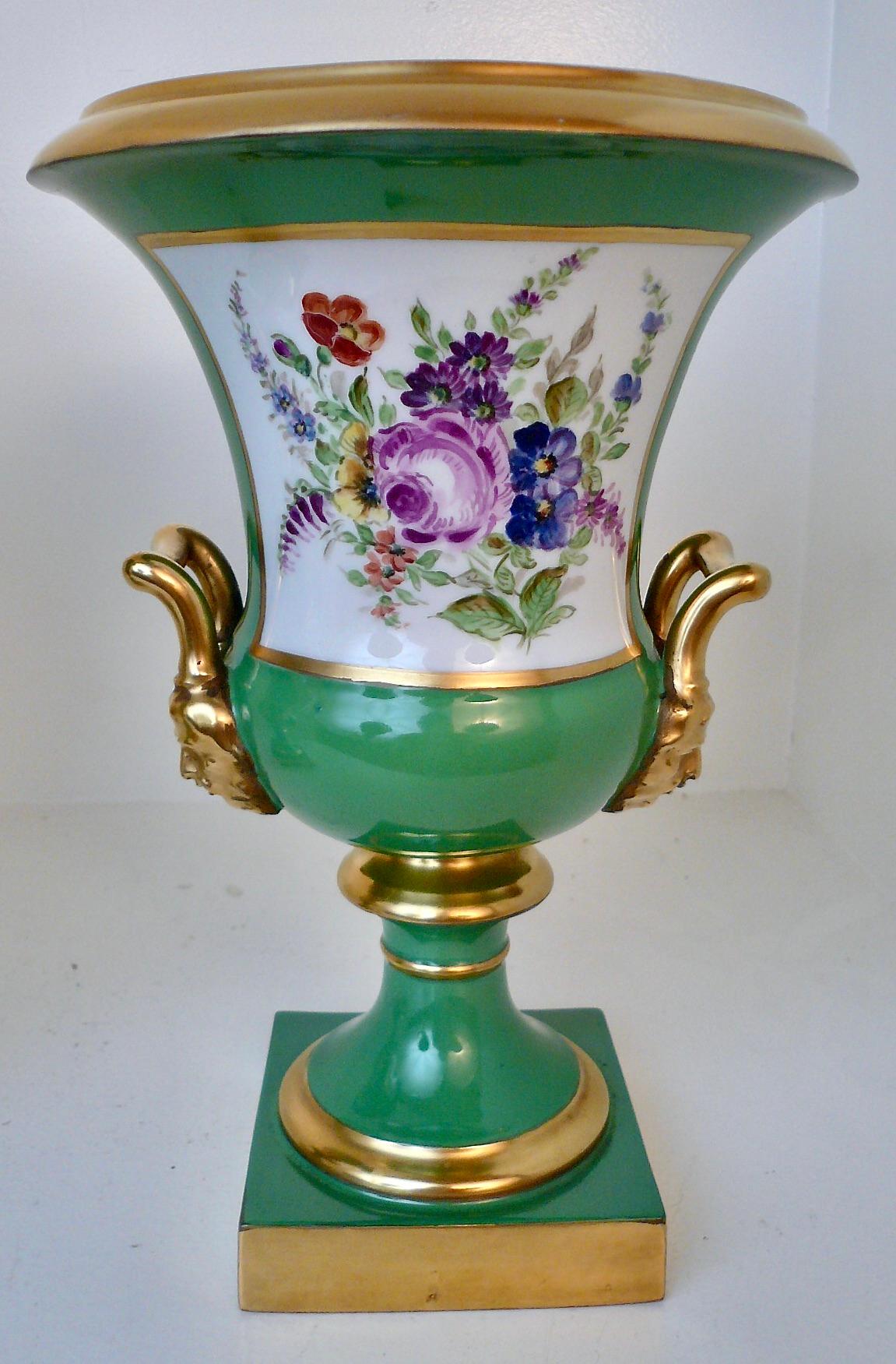 Pair Continental Green Porcelain Campana urns with Hunting Scenes and Flowers For Sale 4