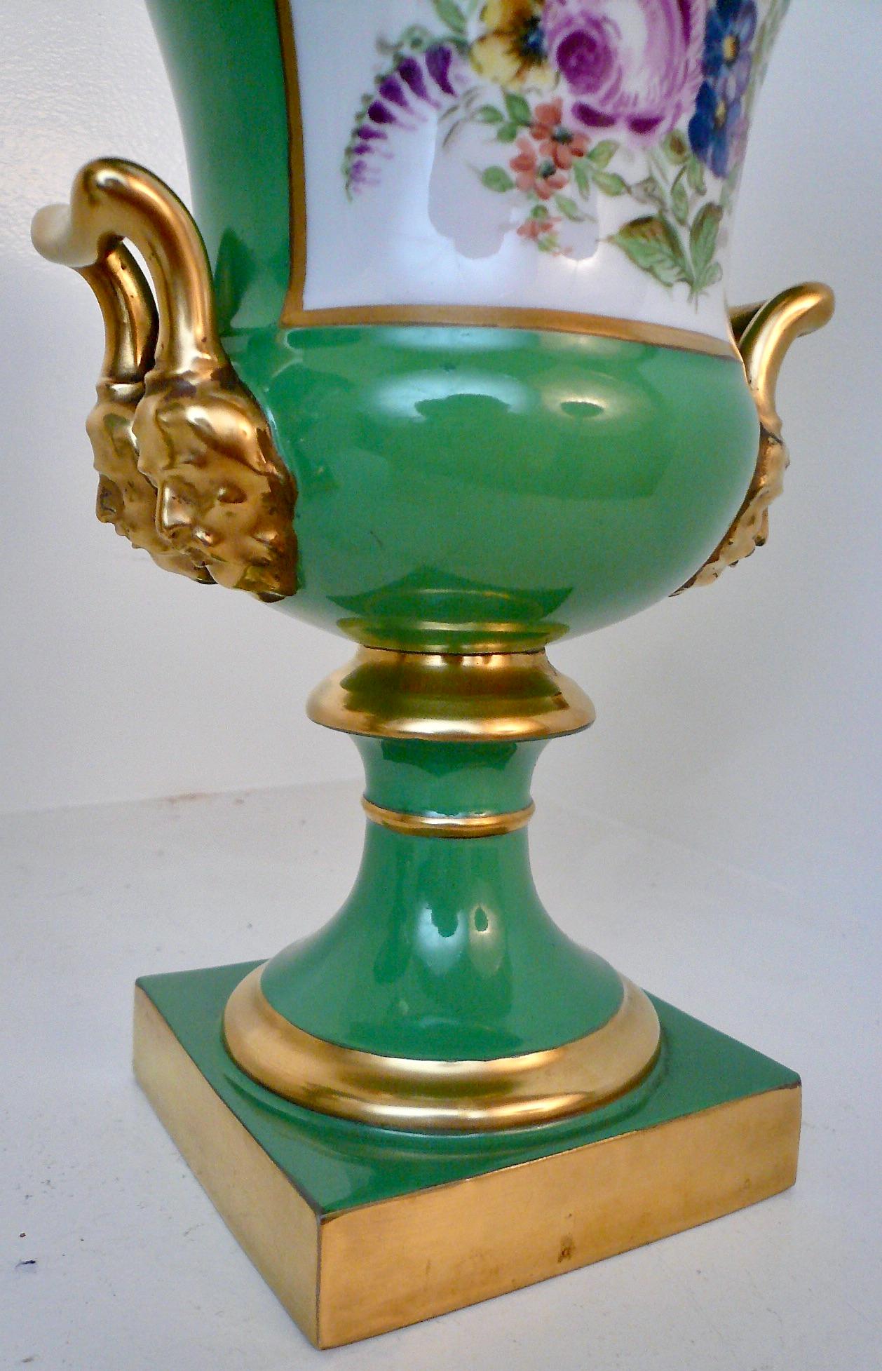 Pair Continental Green Porcelain Campana urns with Hunting Scenes and Flowers For Sale 5