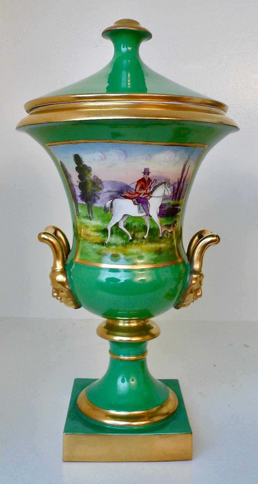 Neoclassical Pair Continental Green Porcelain Campana urns with Hunting Scenes and Flowers For Sale