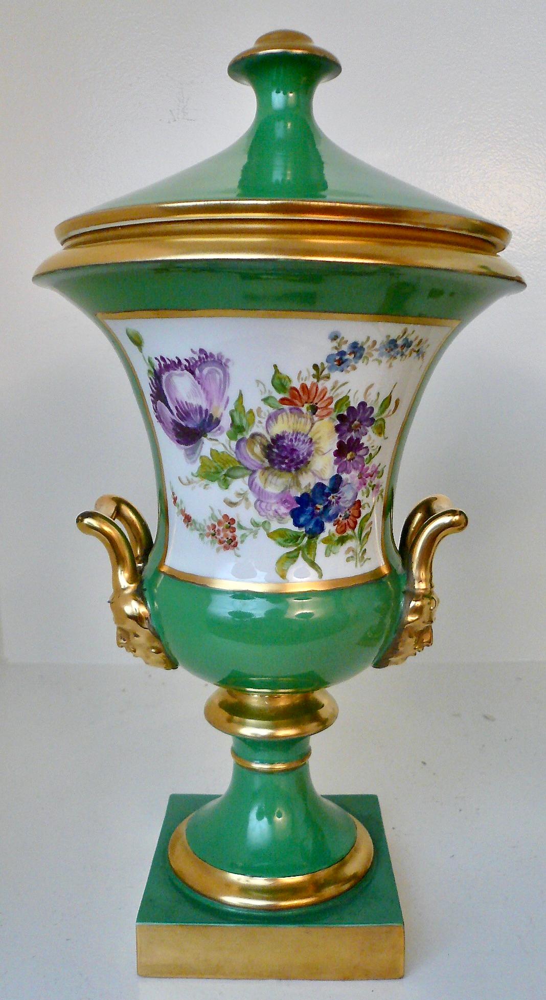19th Century Pair Continental Green Porcelain Campana urns with Hunting Scenes and Flowers For Sale