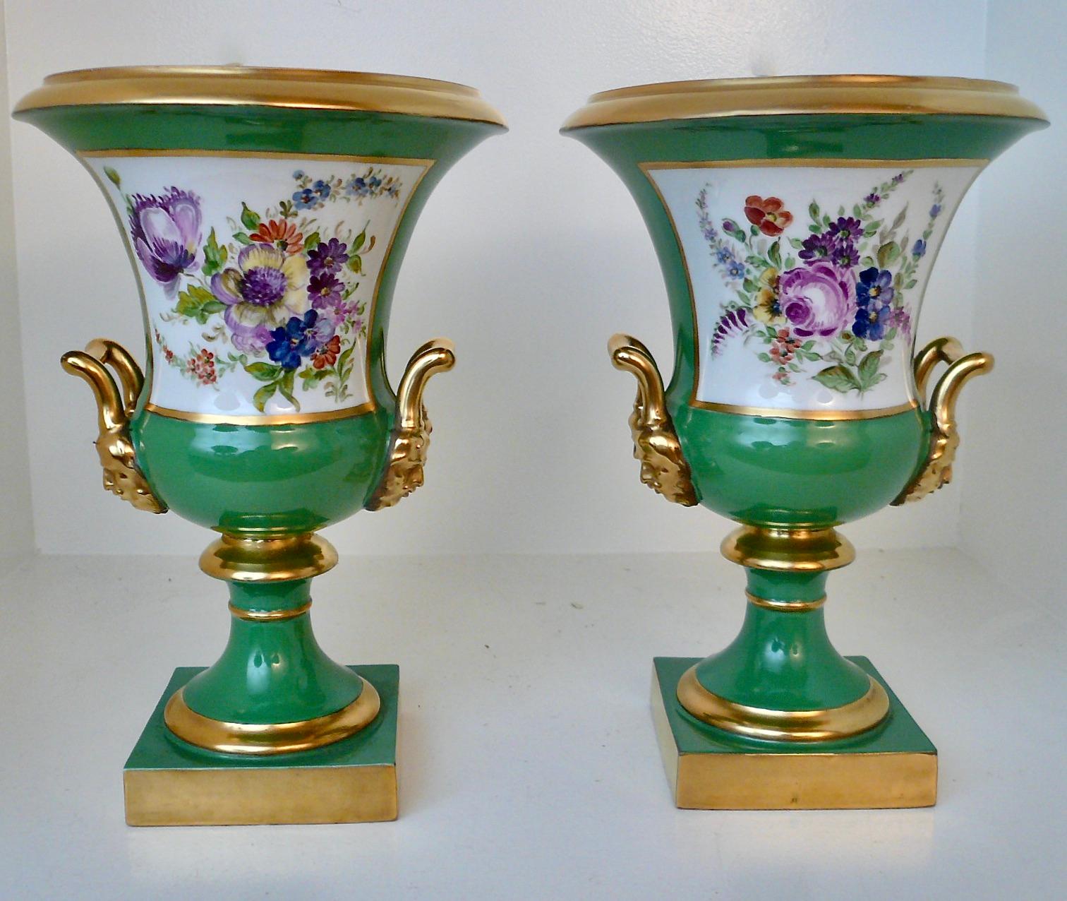 Pair Continental Green Porcelain Campana urns with Hunting Scenes and Flowers For Sale 2