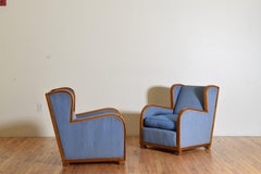 Pair Continental Late Art Deco Light Walnut & Upholstered Bergeres, ca. 1940